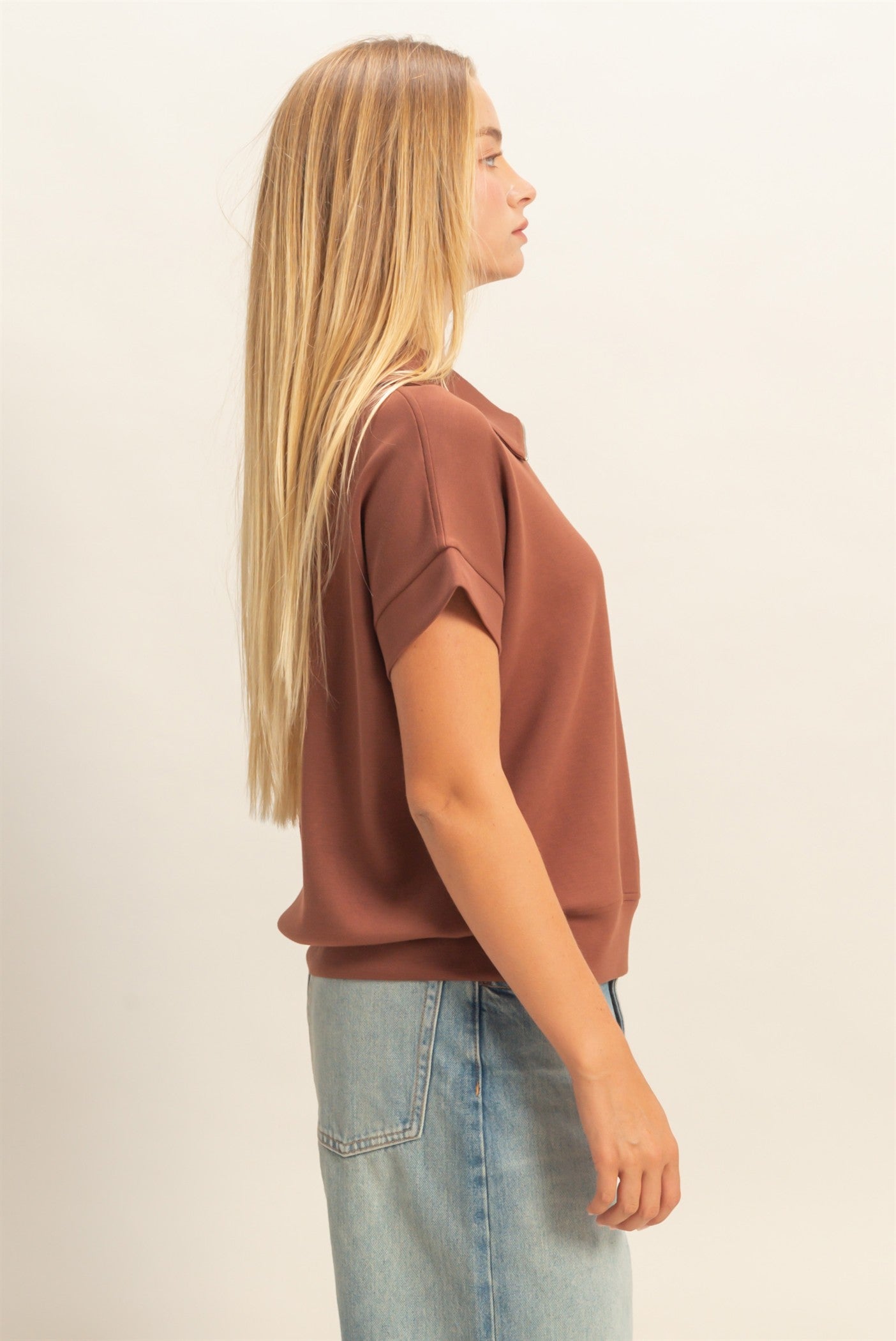 Wholesale Short Sleeve High Neck Half-Zip Top Clothing Tops DZ26C735 CHESTNUT DOUBLE ZERO