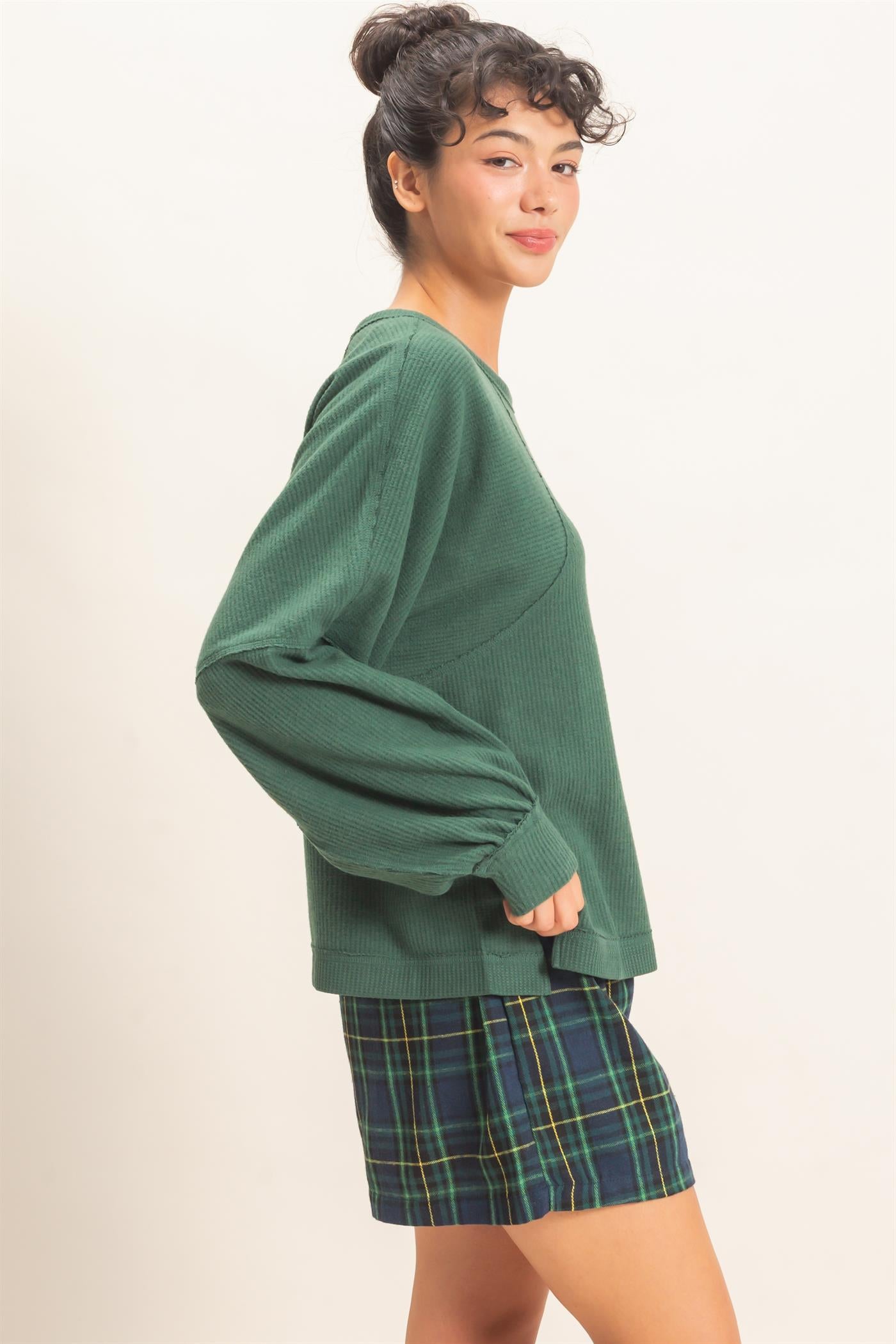 Wholesale Brushed Waffle Long Sleeve Top Clothing Tops DZ26F312 DARK GREEN DOUBLE ZERO