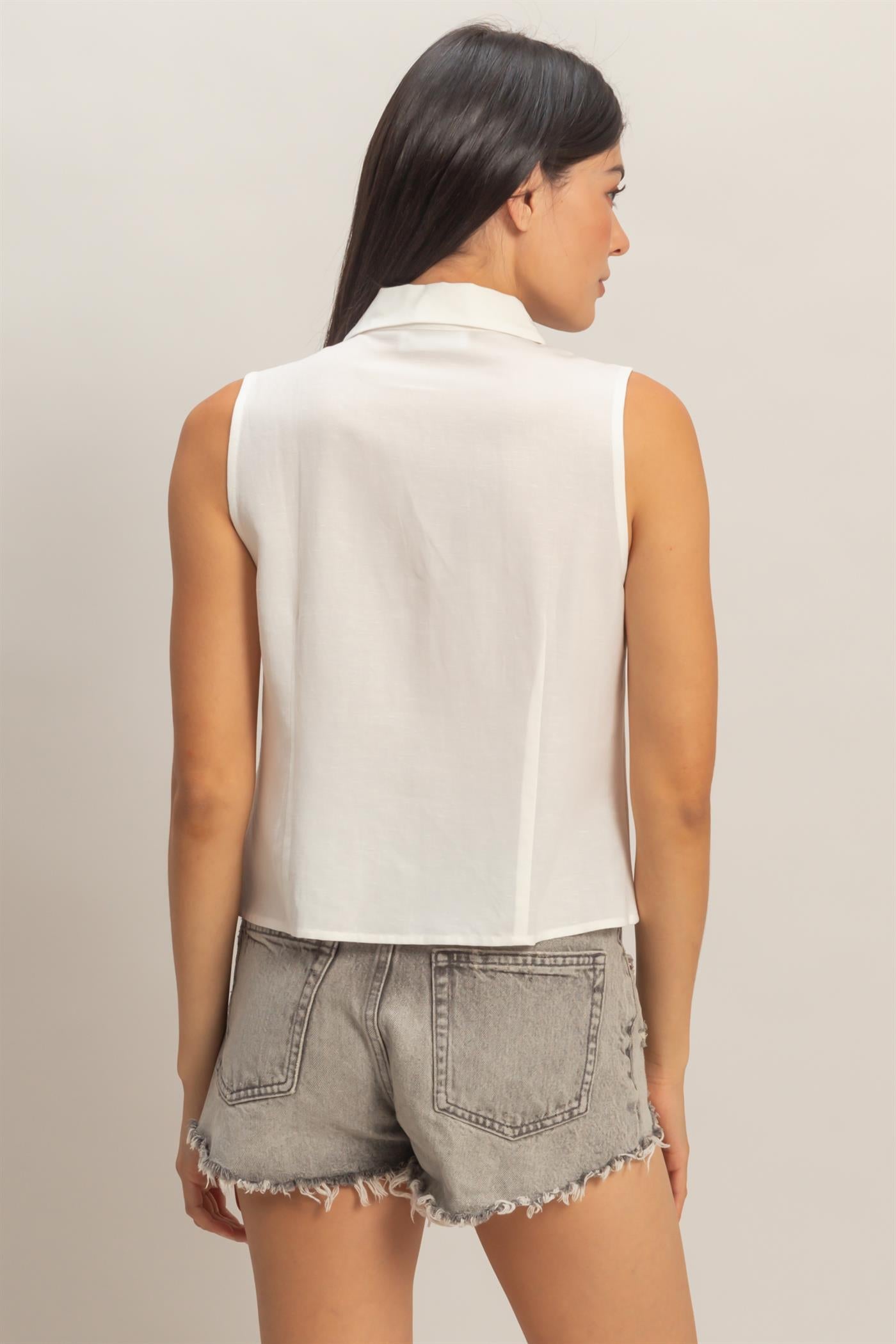Wholesale Sleeveless Lyocell Linen Button Front Top Clothing Tops DZ26C189 WHITE DOUBLE ZERO