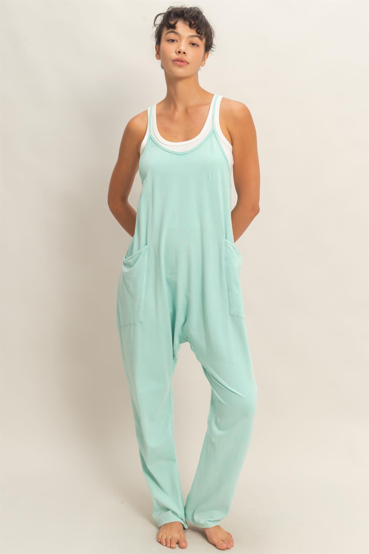 Wholesale Mineral Wash Spaghetti Strap Jumpsuit Clothing DZ26C375 TURQUOISE DOUBLE ZERO