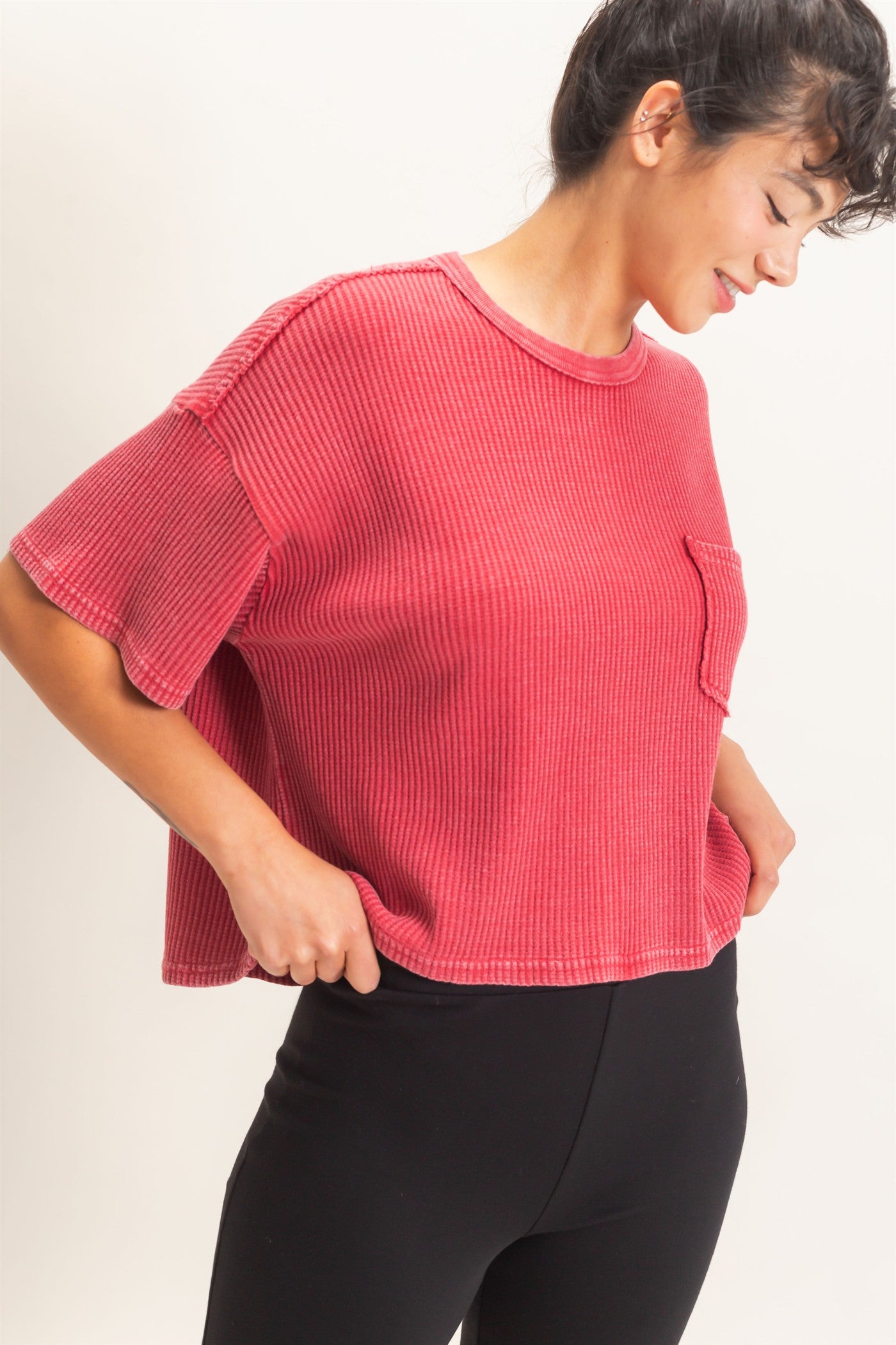 Wholesale Mineral Wash Waffle Knit Pocket Top Clothing Tops DZ26E222 DARK RED DOUBLE ZERO