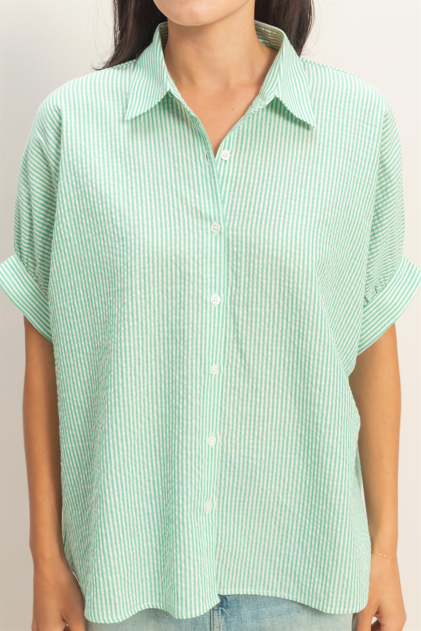 Wholesale Striped Short Sleeve Button-Front Blouse T-Shirts DZ26C276 GREEN DOUBLE ZERO