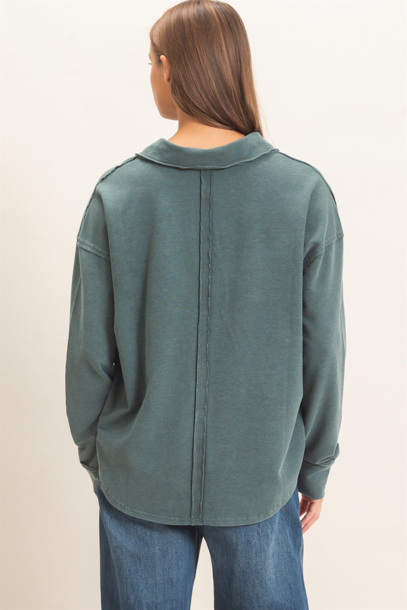 Wholesale Mineral Washed Polo Collar Long Sleeve Top Polos DZ26E887 DARK GREEN DOUBLE ZERO