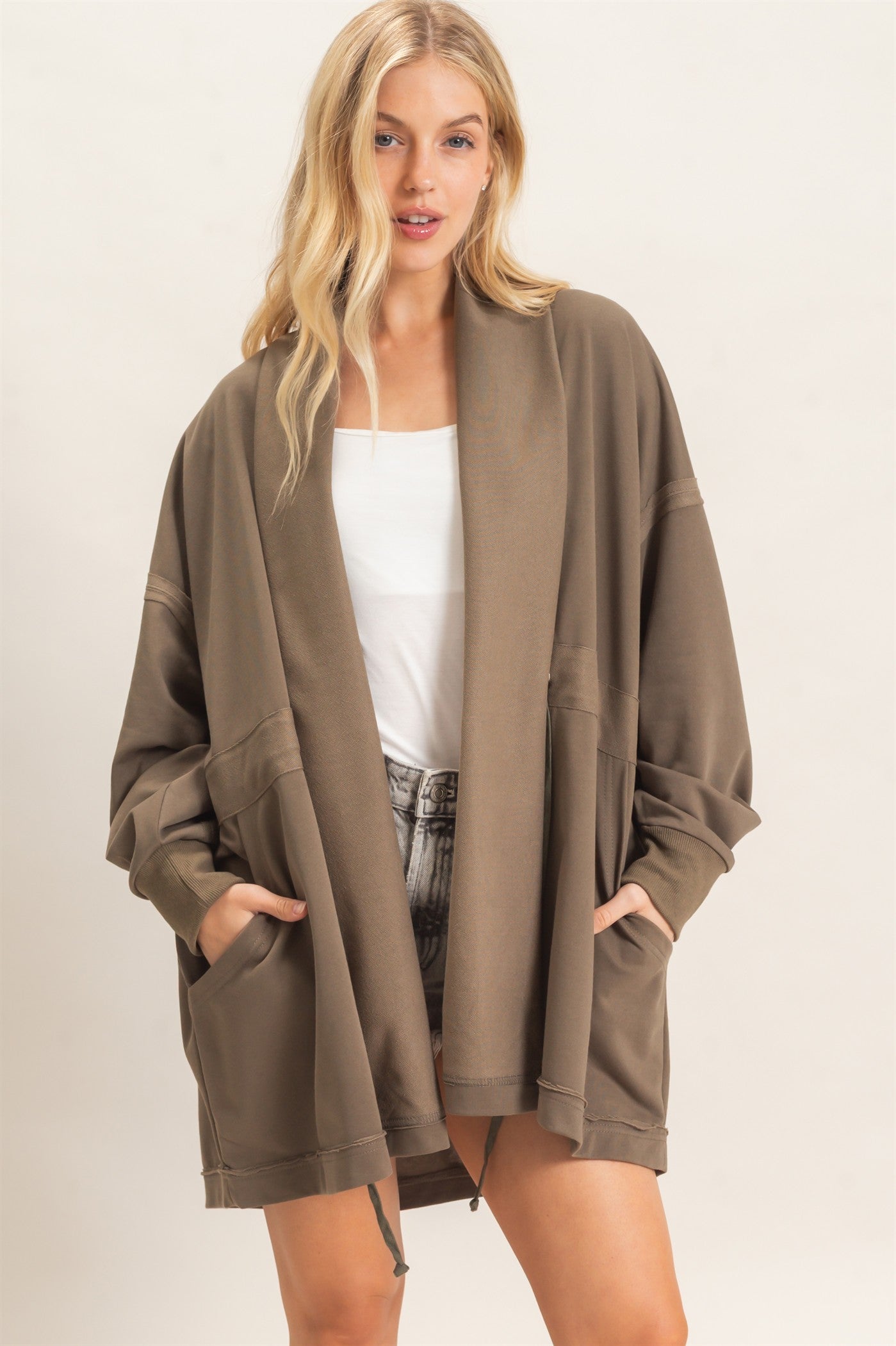Wholesale Open Front Tie Waist Cardigan Cardigans HF26C778 OLIVE HYFVE