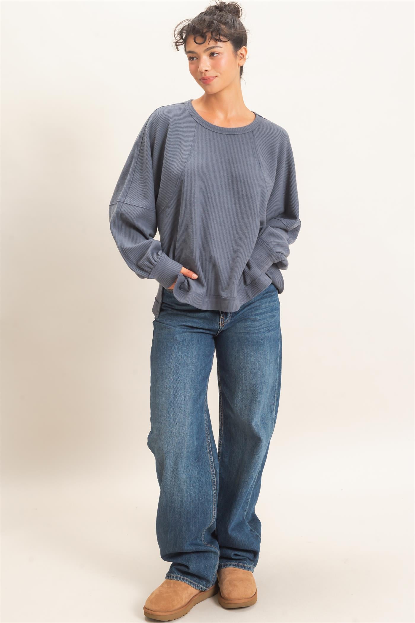 Wholesale Brushed Waffle Long Sleeve Top Clothing Tops DZ26F312 DARK GRAY DOUBLE ZERO
