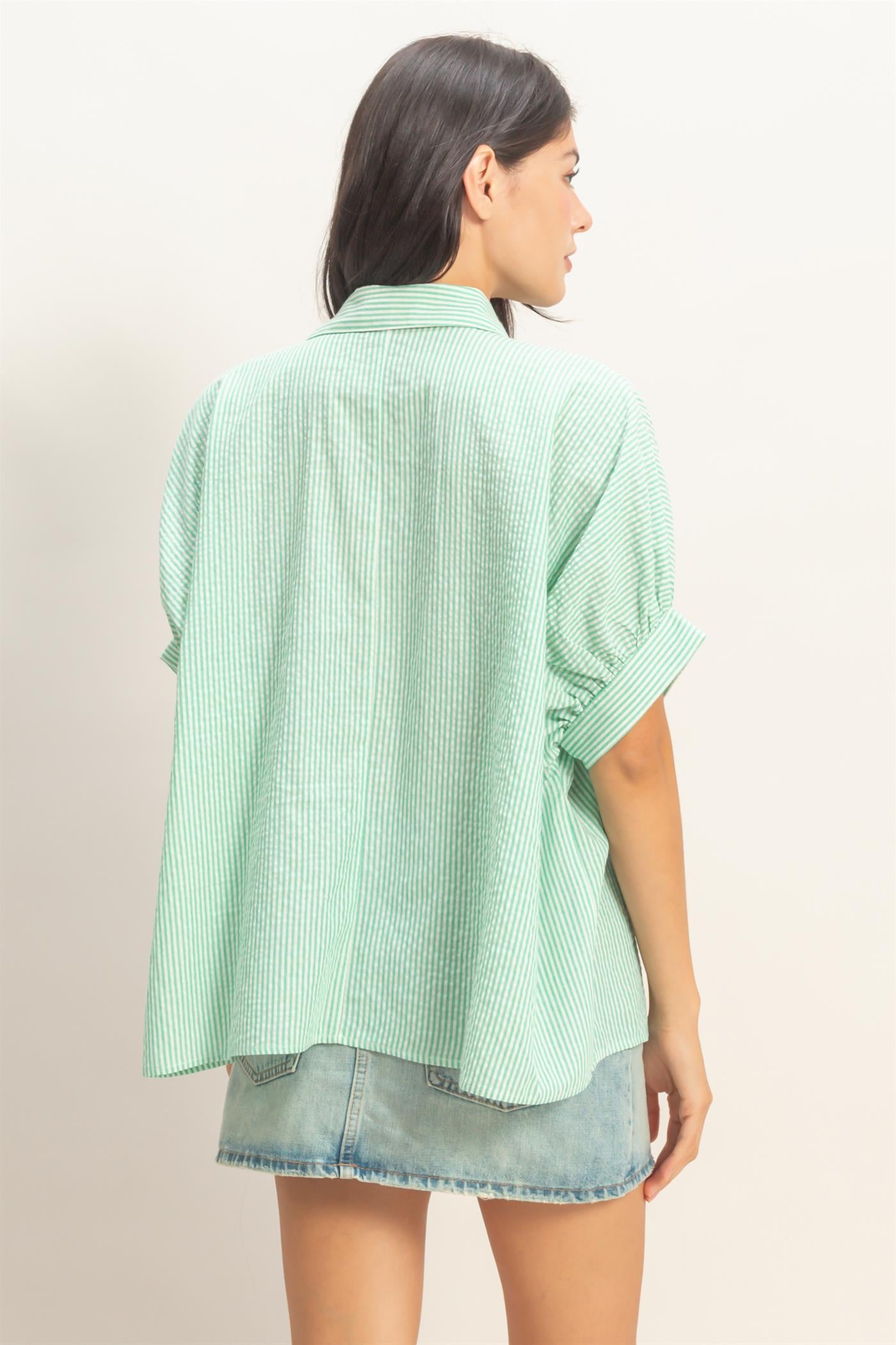 Wholesale Striped Short Sleeve Button-Front Blouse T-Shirts DZ26C276 GREEN DOUBLE ZERO