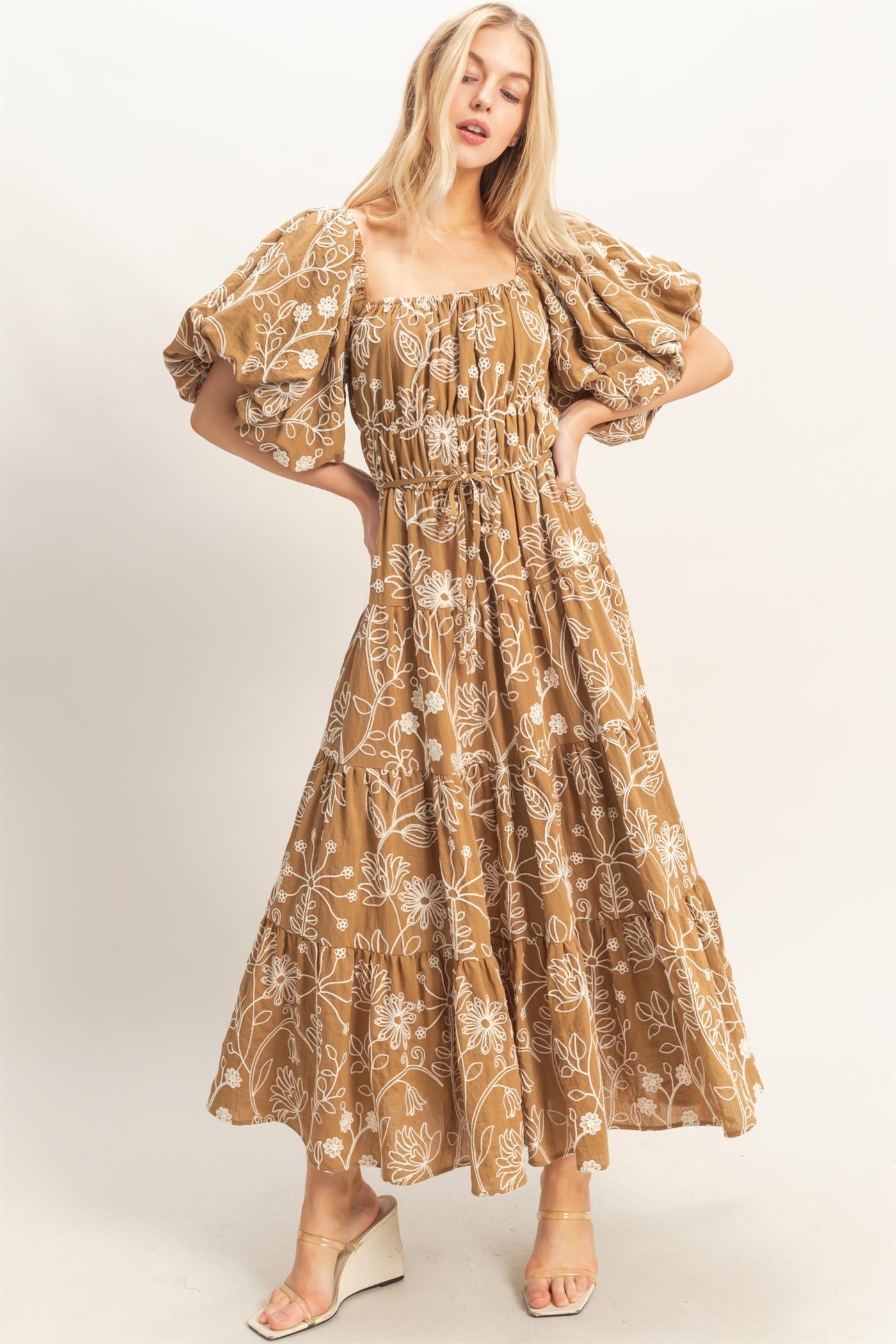 Wholesale Floral Puff Sleeve Midi Dress Dresses HF26C777-D LIGHT BROWN HYFVE