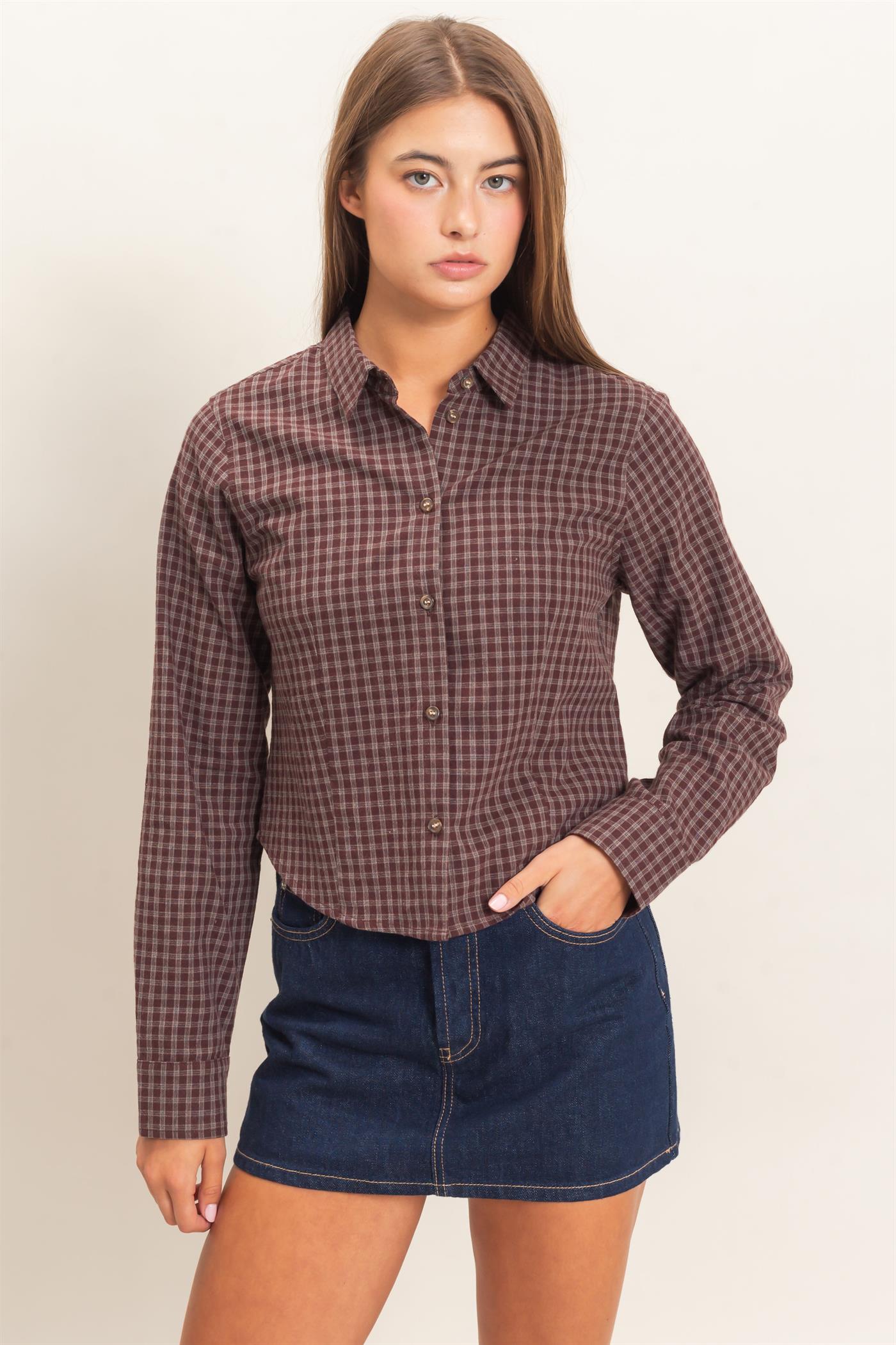 Wholesale Plaid Long Sleeve Shirt Shirts DZ26E910 BROWN DOUBLE ZERO