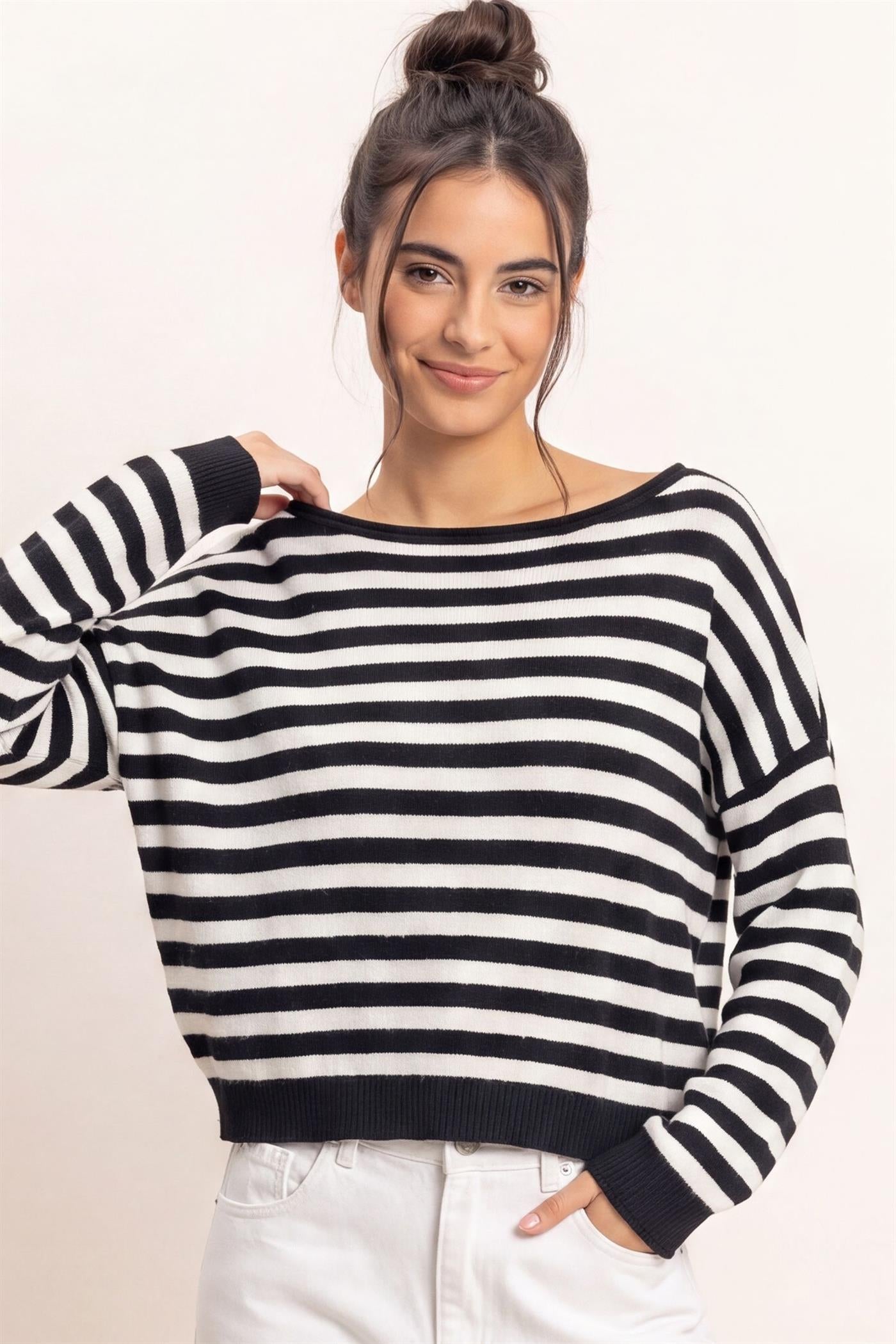 Wholesale Off The Shoulder Striped Sweater Sweaters DZ26E653 BLACK DOUBLE ZERO