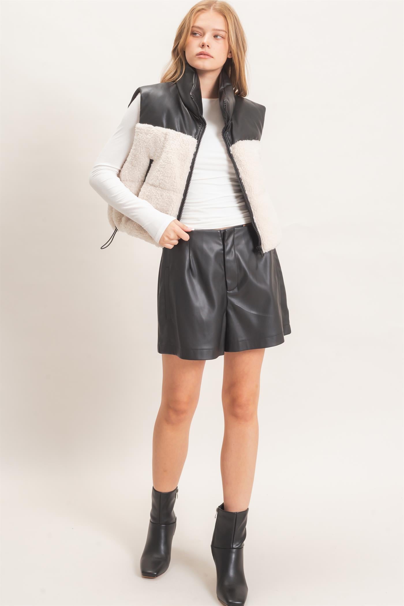 Wholesale Faux Fur & Pu Padded Vest Outerwear HF26F204 CREAM HYFVE