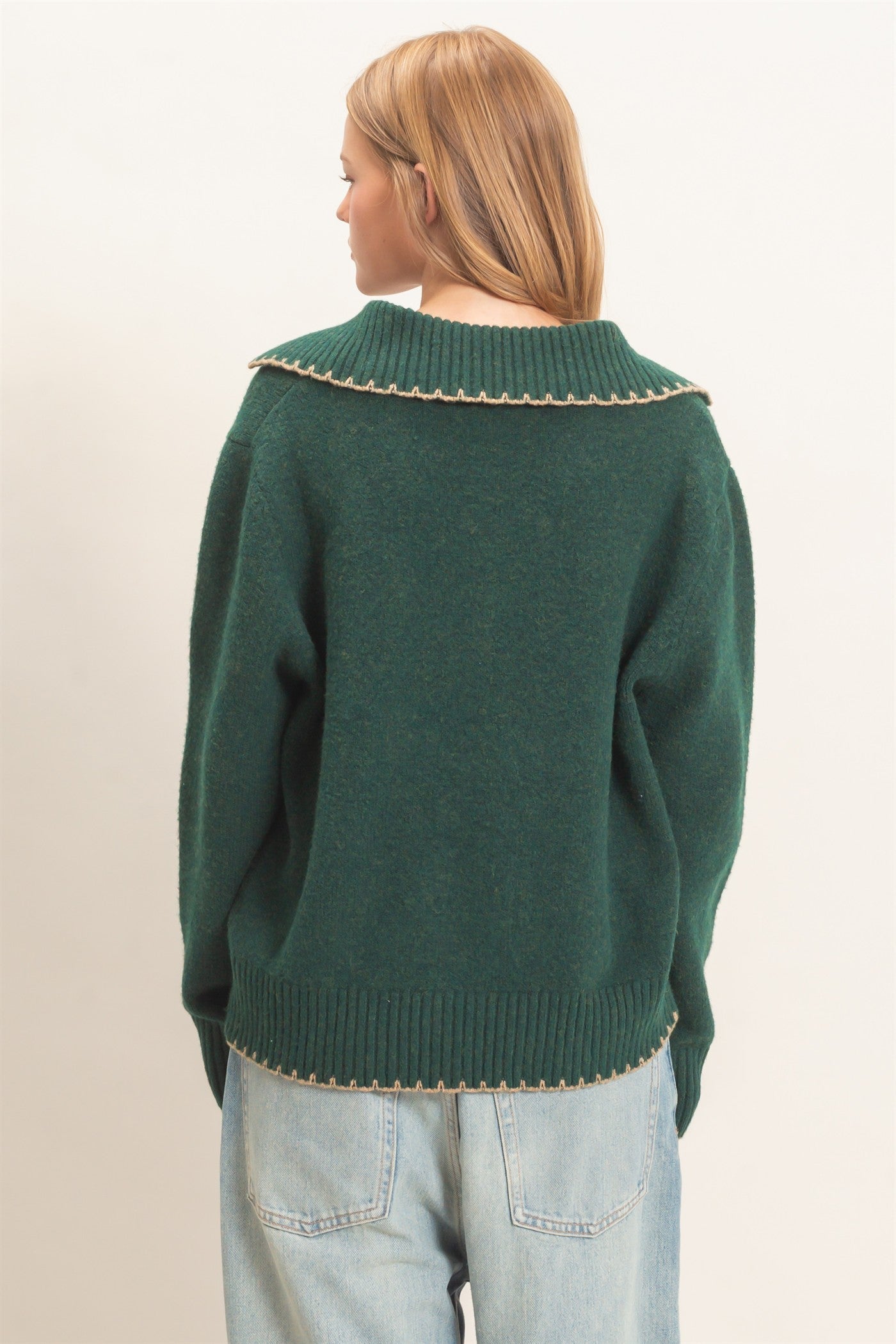 Wholesale Blanket Stitch Collared Cardigan Cardigans HF26F356 DEEP GREEN HYFVE