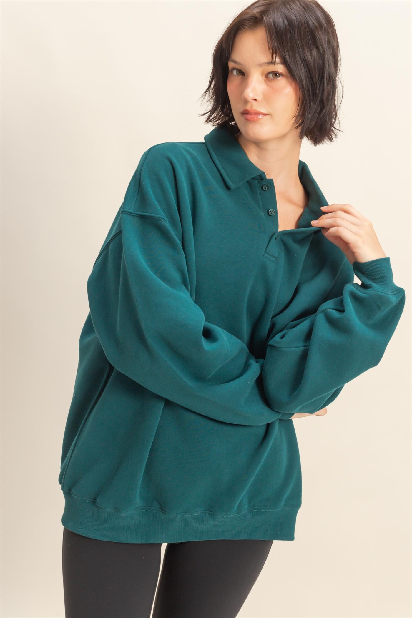 Wholesale Oversized Polo Collared Pullover Sweatshirts DZ25F074 DEEP GREEN DOUBLE ZERO