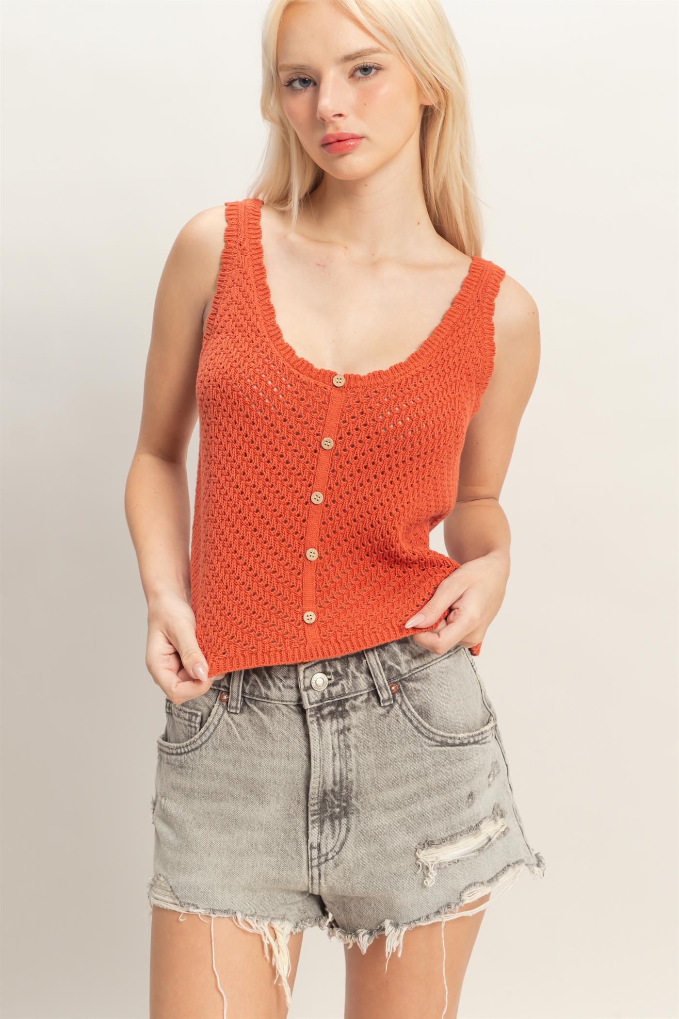 Wholesale Open Knit Scallop Edge Button Front Tank Top Tank Tops DZ26A221 RUST DOUBLE ZERO