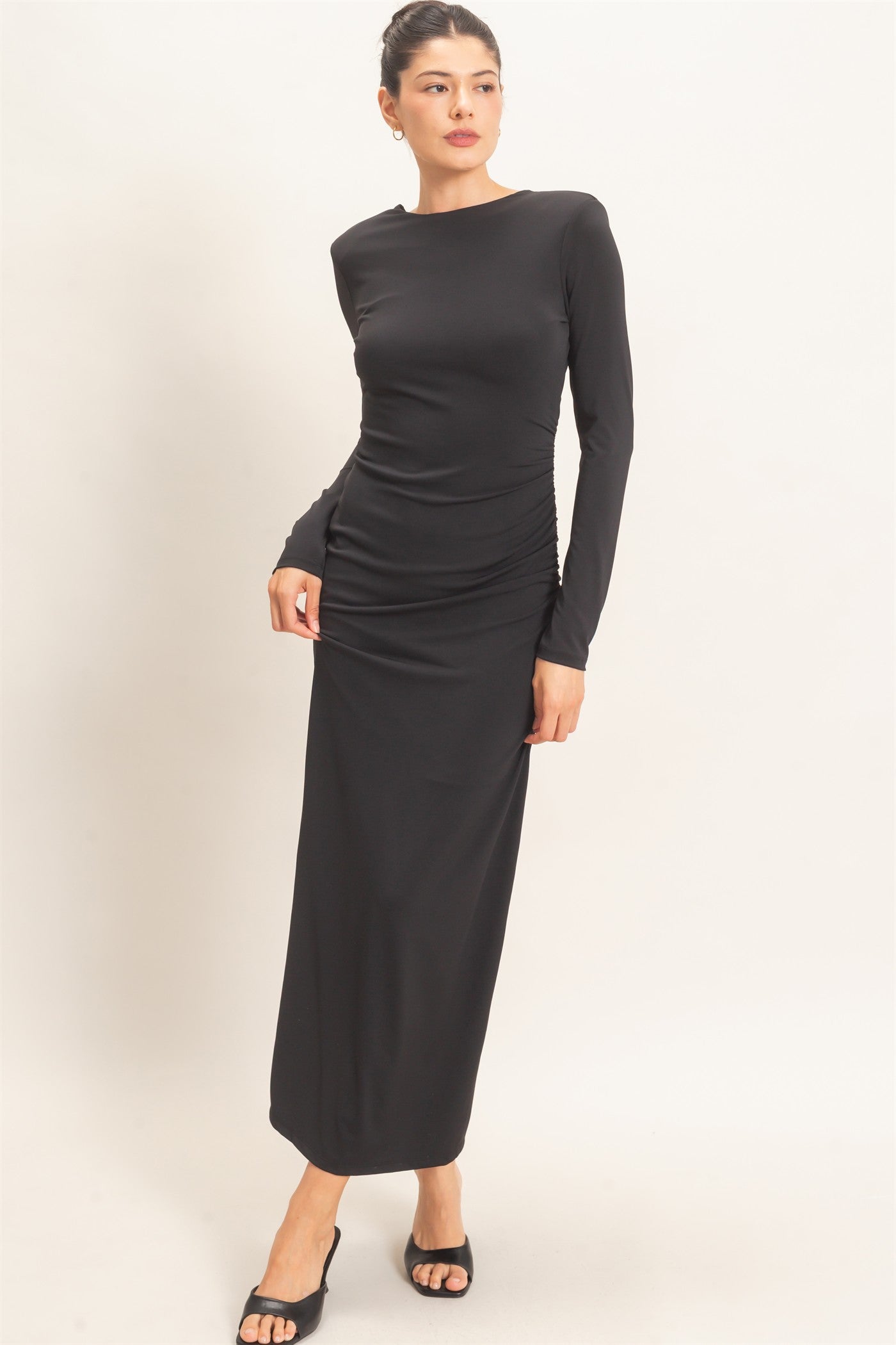 Wholesale Ruched Long Sleeve Open Back Midi Dress Dresses HF26F118 BLACK HYFVE
