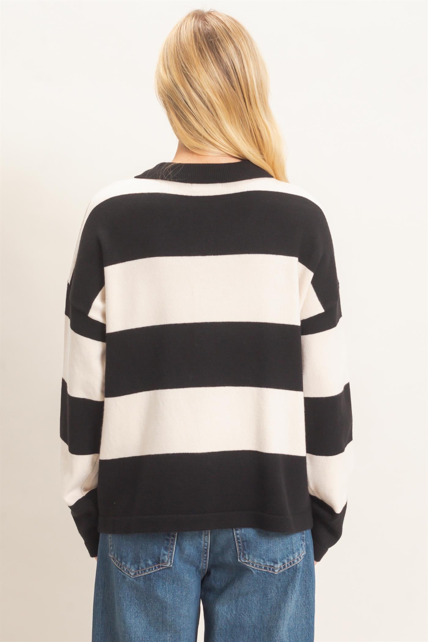 Wholesale Striped Button-Up Sweater Sweaters HF26F198 BLACK HYFVE