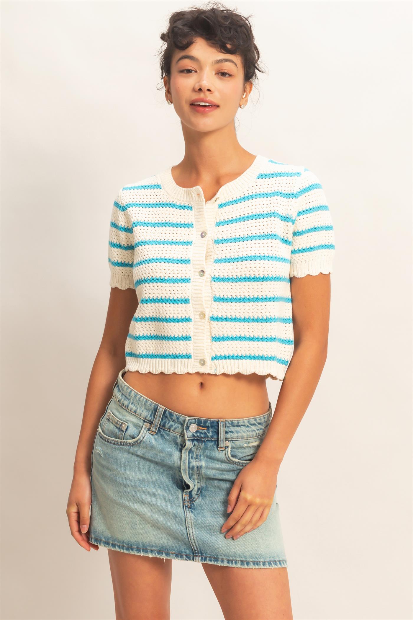 Wholesale Striped Short Sleeve Cardigan With Scallop Edge Cardigans DZ26A605 BLUE DOUBLE ZERO