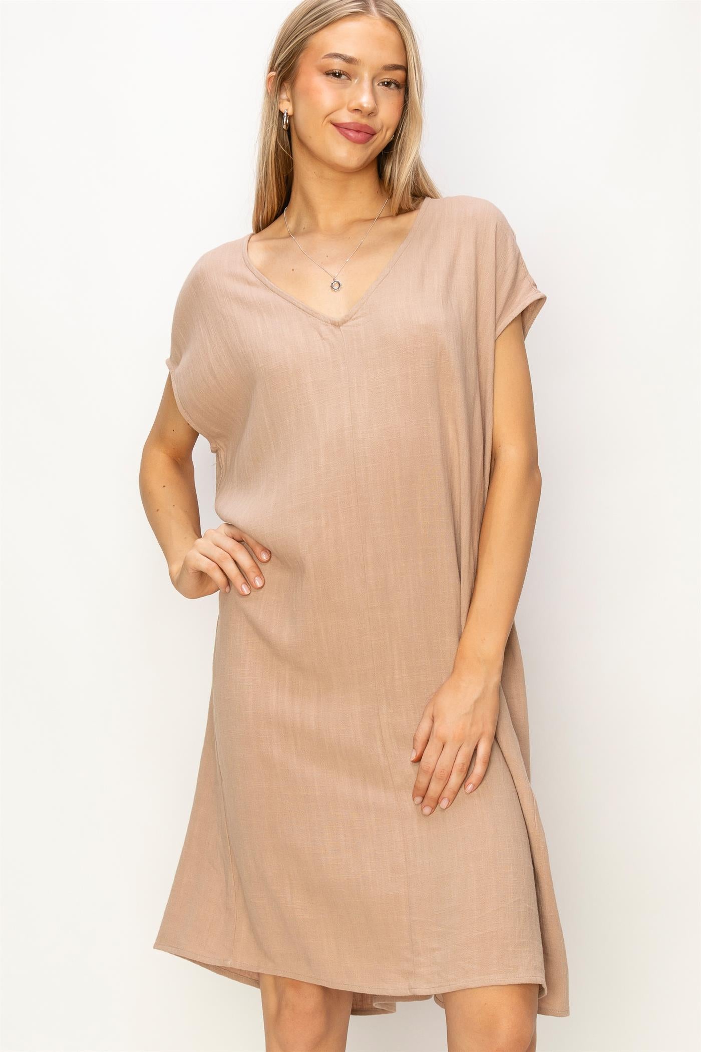 Wholesale V-Neck Oversized Linen Midi Dress Dresses DZ23E033-D TAN DOUBLE ZERO