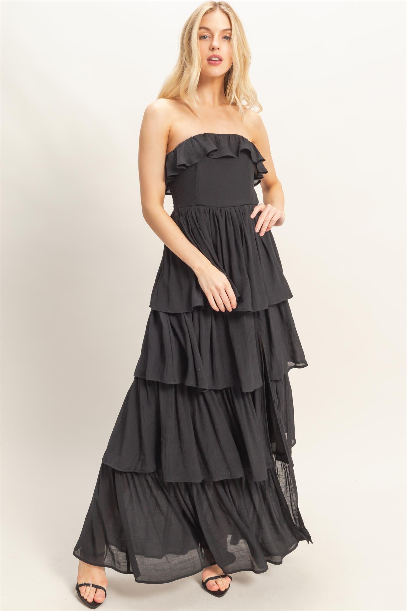 Wholesale Tiered Strapless Ruffle Dress Dresses HF26A616-D BLACK HYFVE