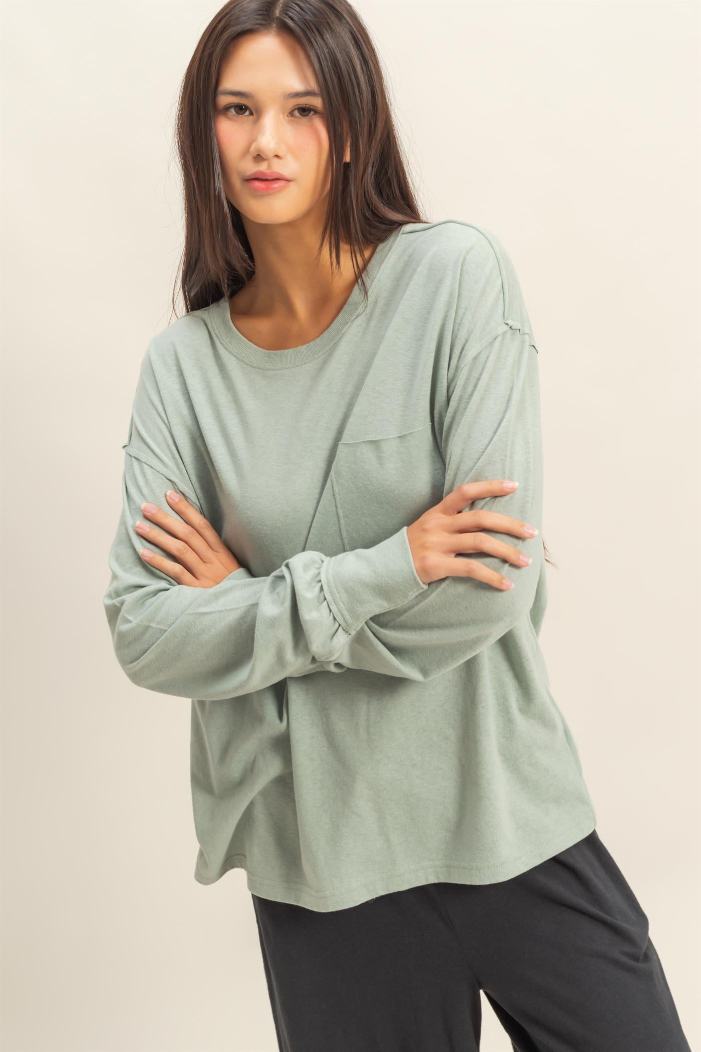 Wholesale Long Sleeve Pocket T-Shirt Clothing Tops DZ23G149 ICEBERG GREEN DOUBLE ZERO