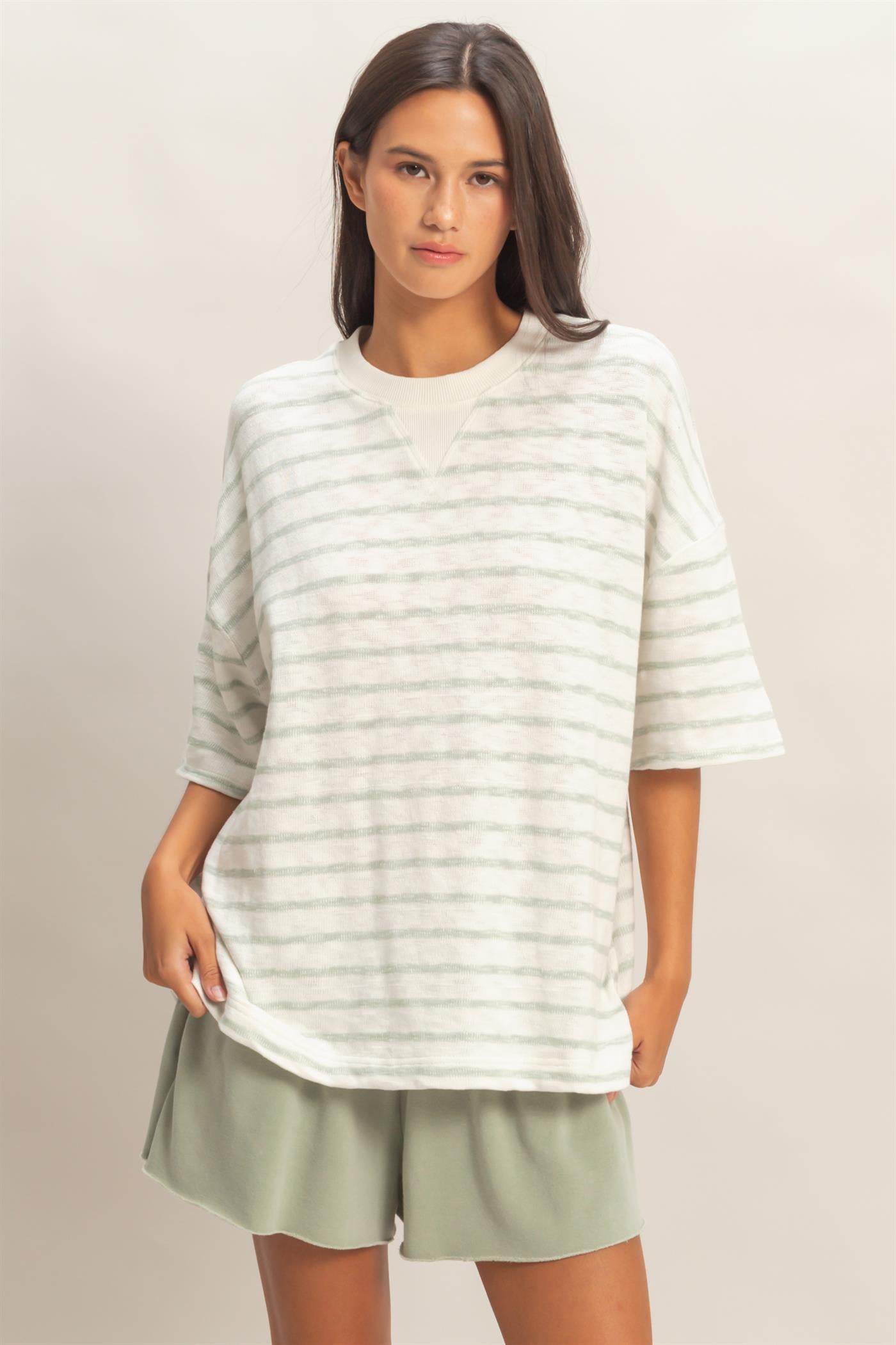 Wholesale Oversized Striped V-Stitch Short Sleeve Top Clothing Tops DZ26A455 SAGE GREEN DOUBLE ZERO