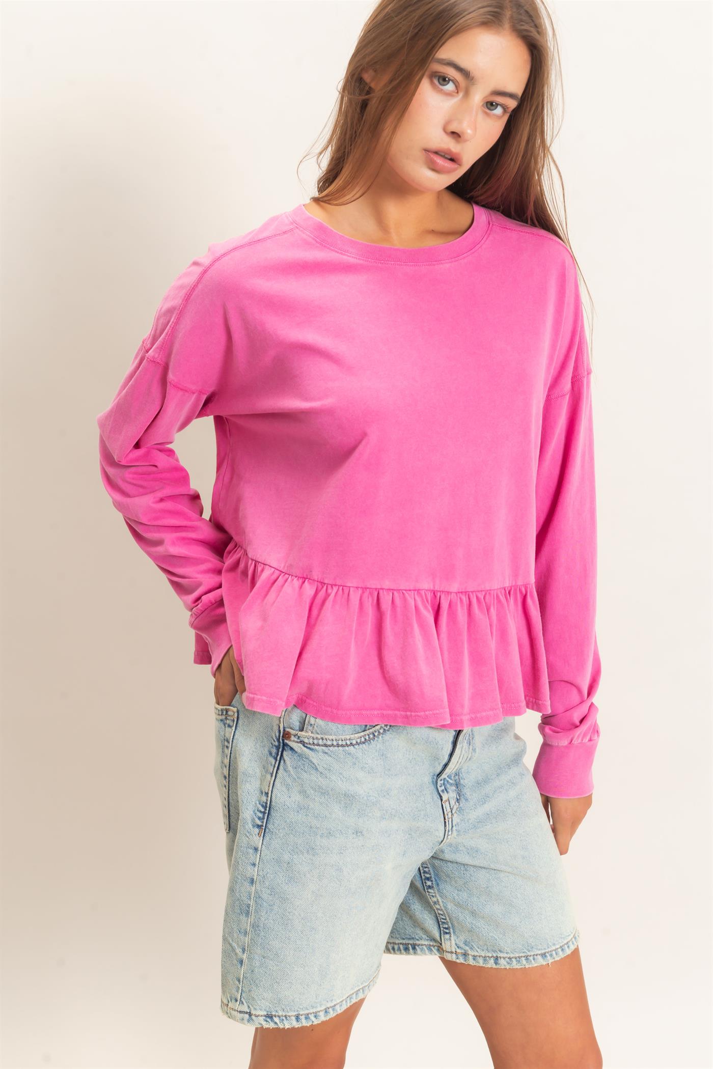 Wholesale Peplum Long Sleeve Top Clothing Tops DZ26F397 FUCHSIA DOUBLE ZERO