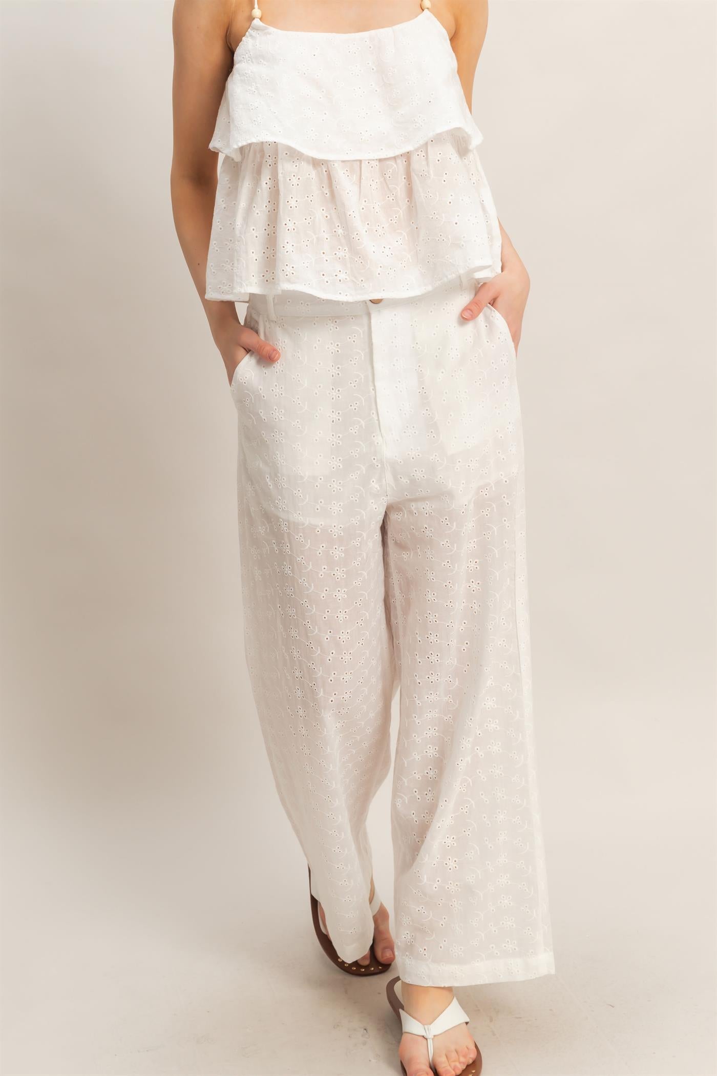 Wholesale Floral Eyelet Pants Pants HF26C542 WHITE HYFVE