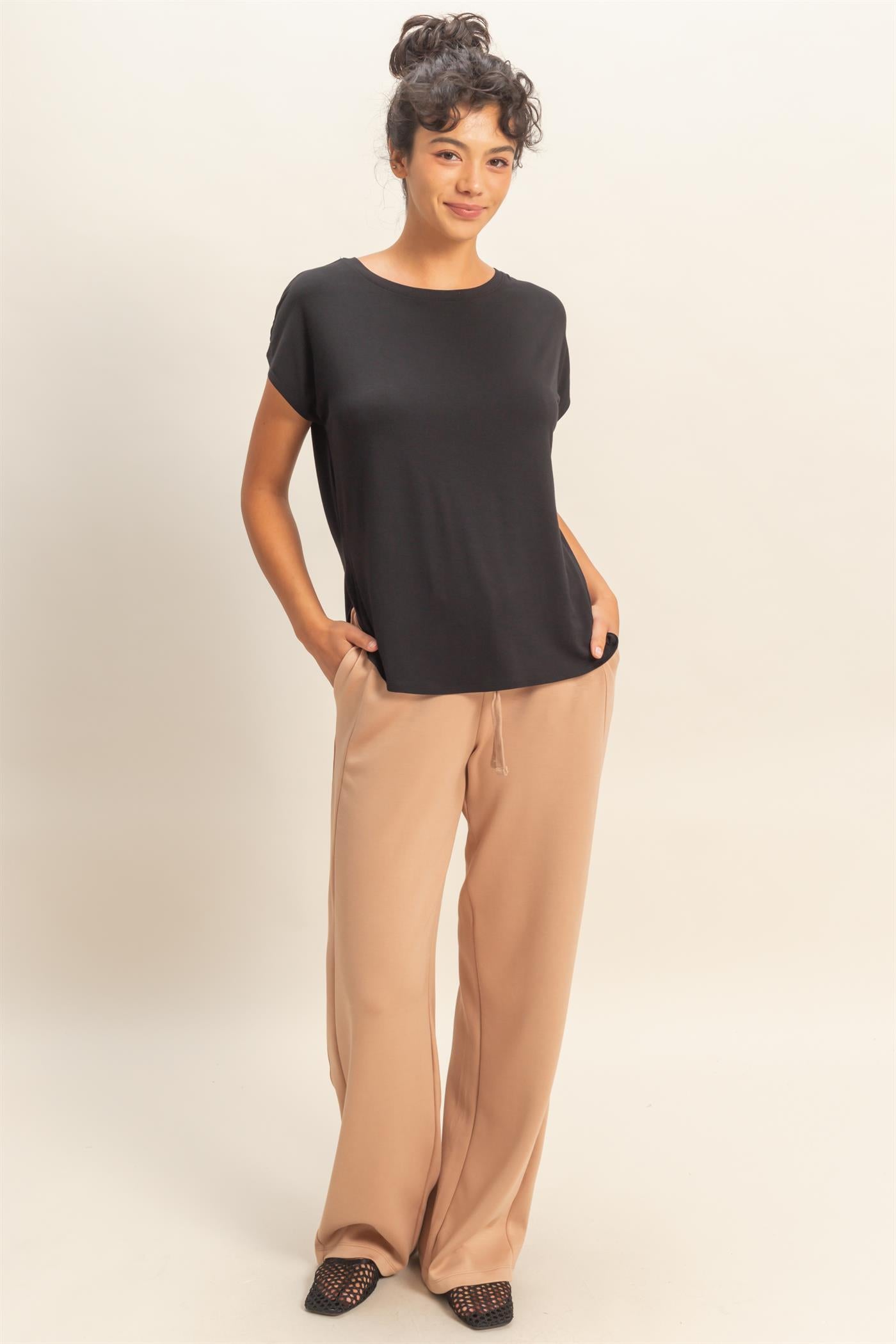 Wholesale Relaxed Dolman Short Sleeve  Round Neck Top Shirts DZ26A270 BLACK DOUBLE ZERO