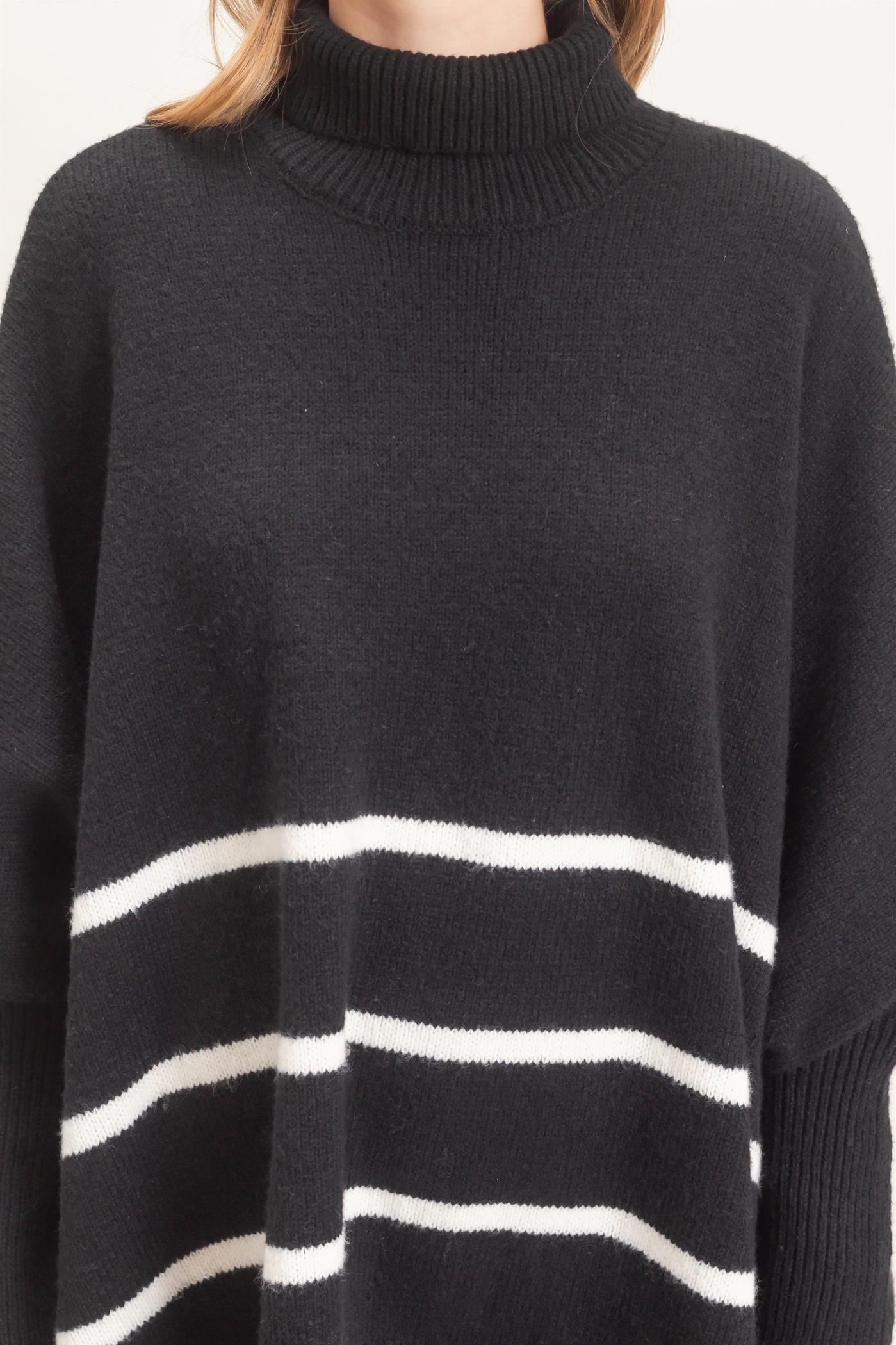 Wholesale Striped Turtleneck Poncho Sweater Sweaters HF26F194 BLACK HYFVE