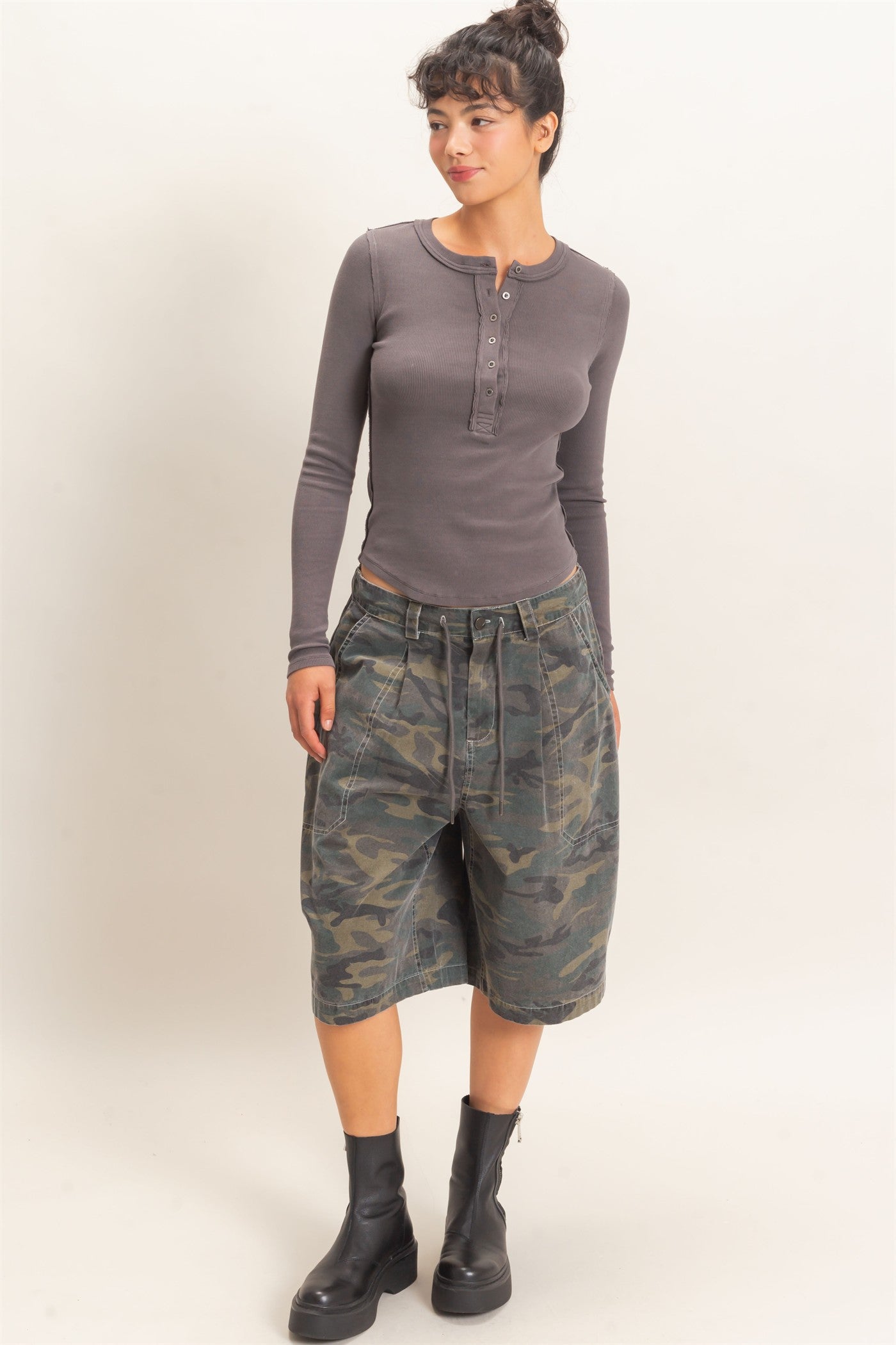 Wholesale Pigment Dye Henley Long Sleeve Top Clothing Tops DZ26C882 CHARCOAL DOUBLE ZERO