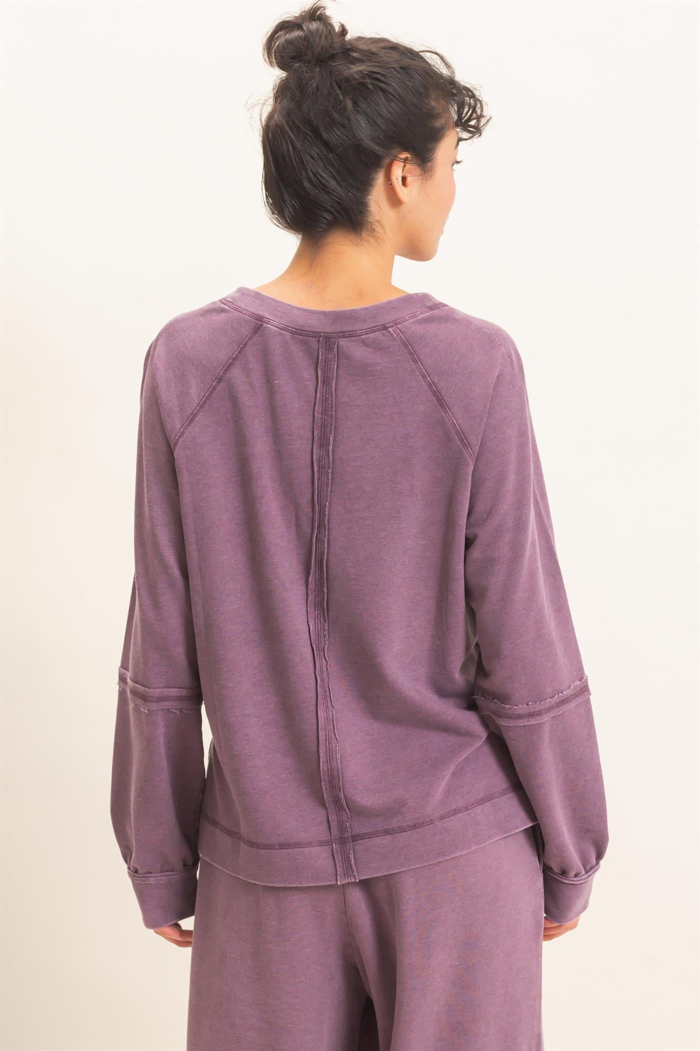 Wholesale Mineral Wash V-Neck Seam Detail Sweatshirt Sweatshirts DZ26F014 DARK CHERRY DOUBLE ZERO