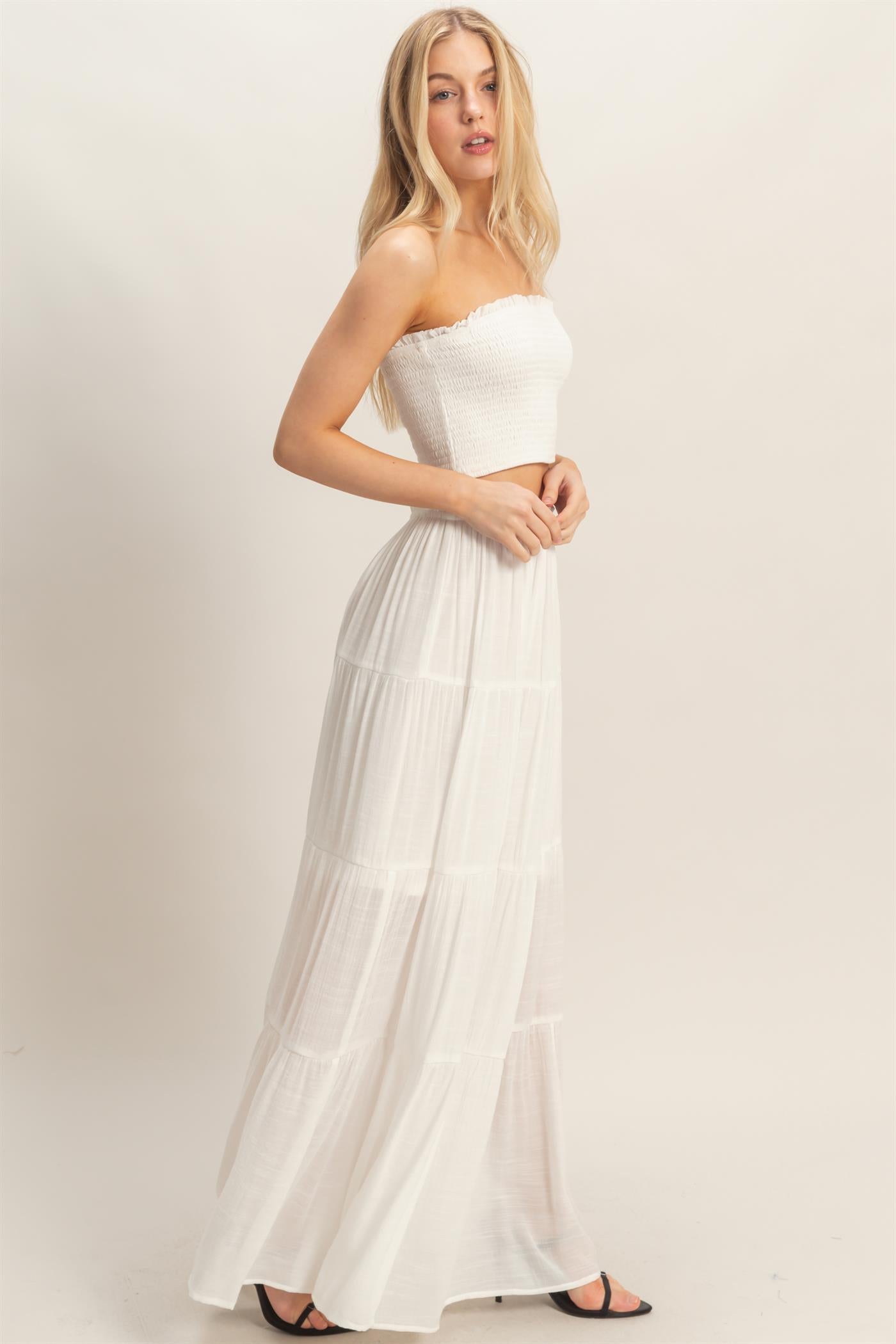 Wholesale Smocked Tube Top & Tiered Skirt Set Clothing HF26C289-SET-D WHITE HYFVE