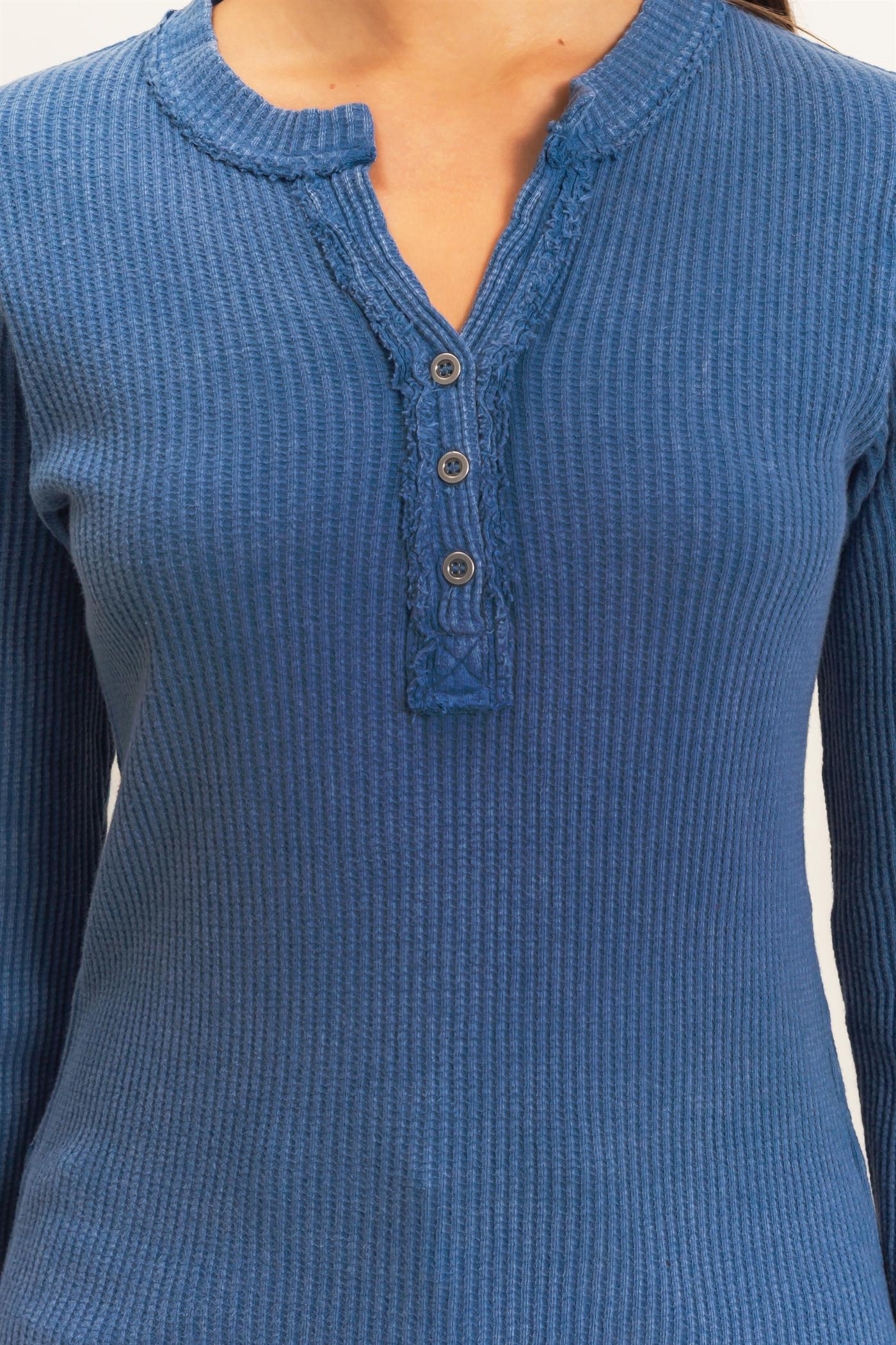 Wholesale Mineral Wash Waffle Henley Long Sleeve Top Clothing Tops DZ26E243 NAVY DOUBLE ZERO