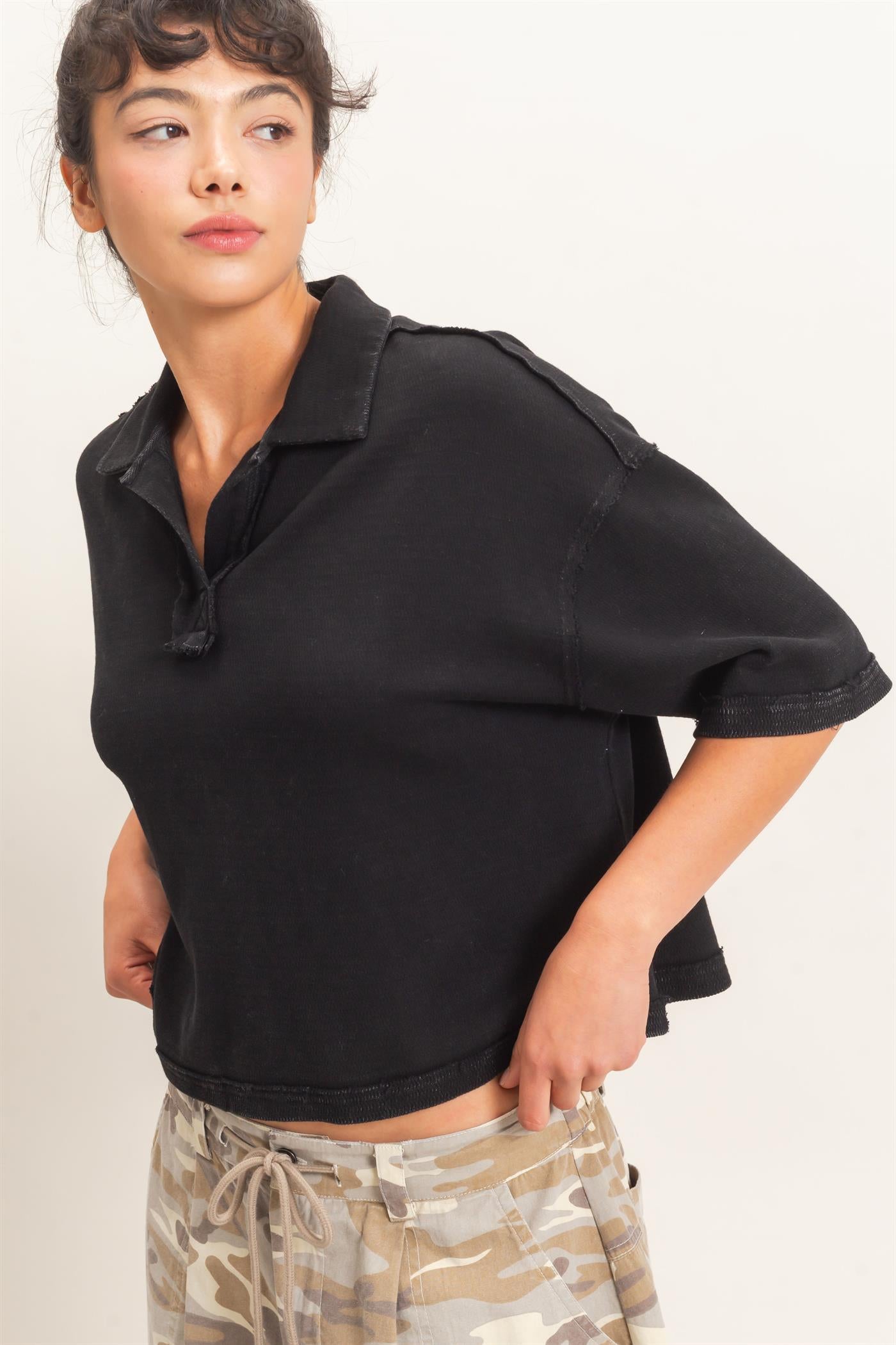 Wholesale Mineral Wash Oversized Collar Short Sleeve Top Clothing Tops DZ26E813 BLACK DOUBLE ZERO