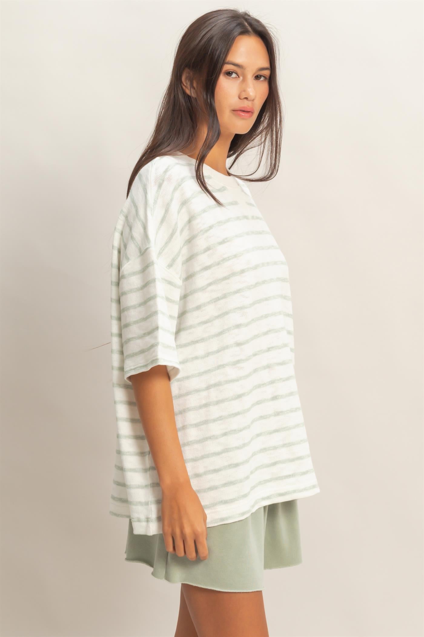 Wholesale Oversized Striped V-Stitch Short Sleeve Top Clothing Tops DZ26A455 SAGE GREEN DOUBLE ZERO