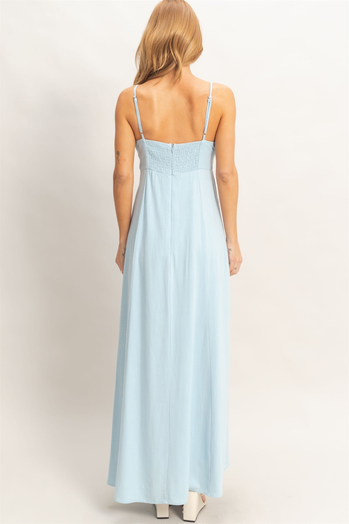 Wholesale Woven Lace Trim Maxi Dress Dresses HF26A498 LIGHT BLUE HYFVE