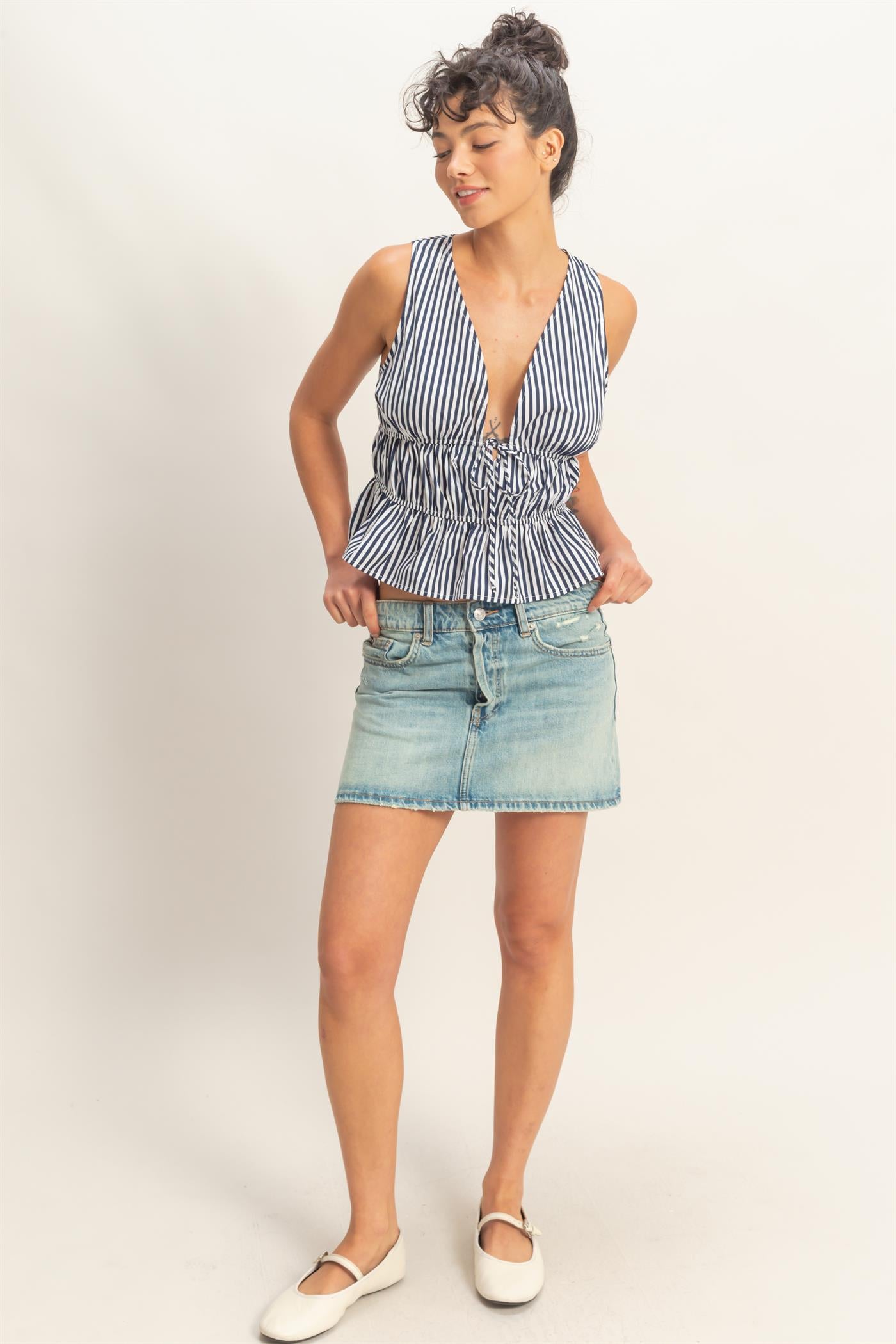 Wholesale Striped Tie Front Peplum Sleeveless Top Clothing Tops DZ26C534 NAVY DOUBLE ZERO