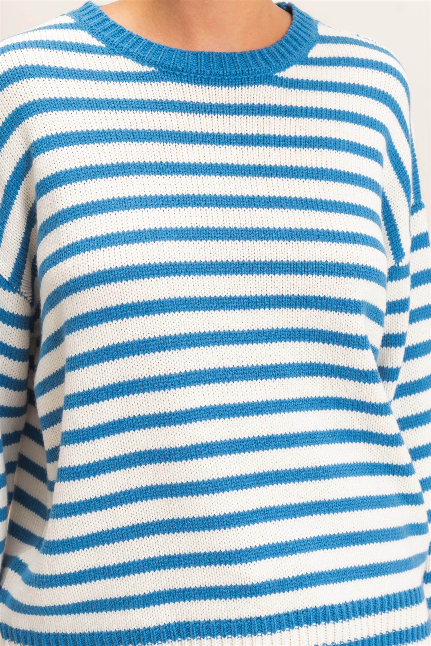 Wholesale Striped Crew Neck Sweater Sweaters DZ26E237 BLUE DOUBLE ZERO