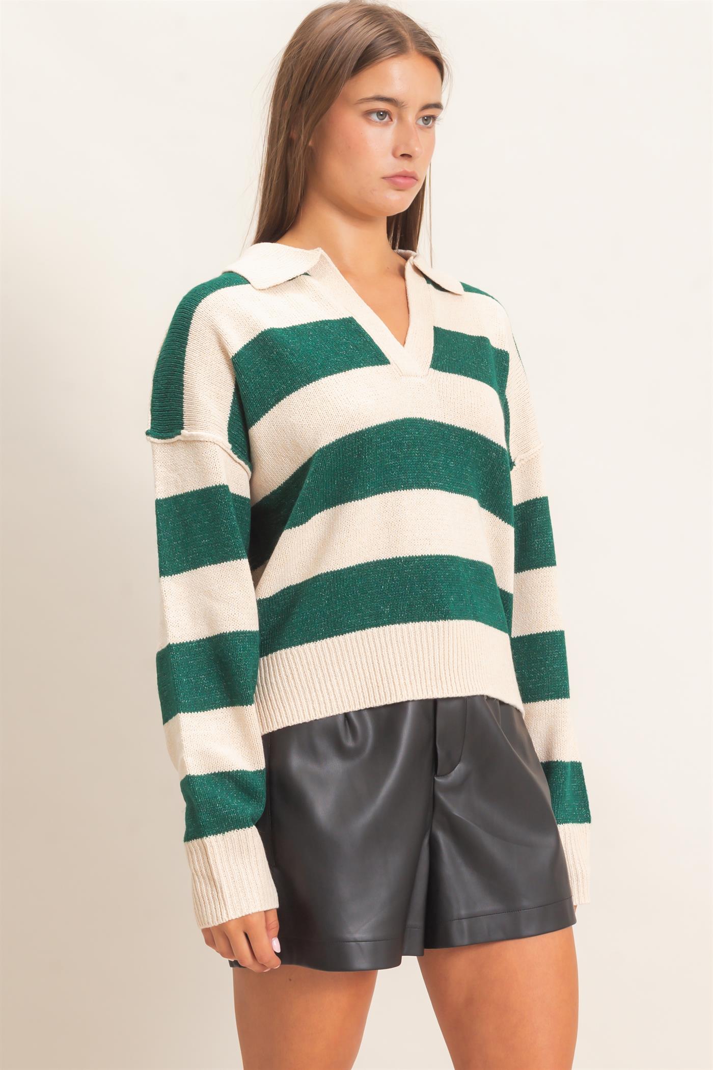Wholesale Rugby Stripe Polo Sweater Sweaters DZ26E297 DARK GREEN DOUBLE ZERO