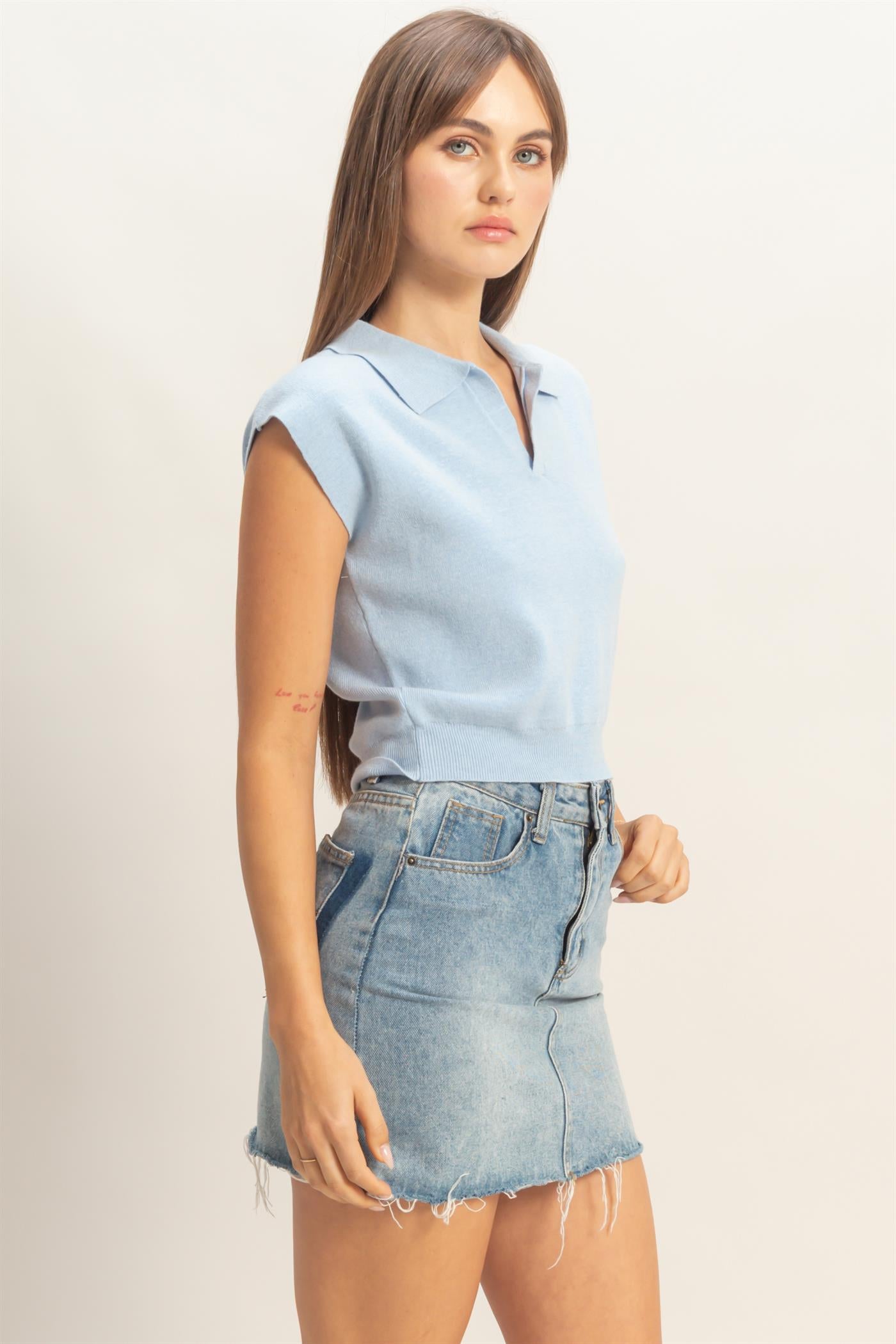 Wholesale Sleeveless Collared Knit Top Clothing Tops HF26A631 BLUE HYFVE