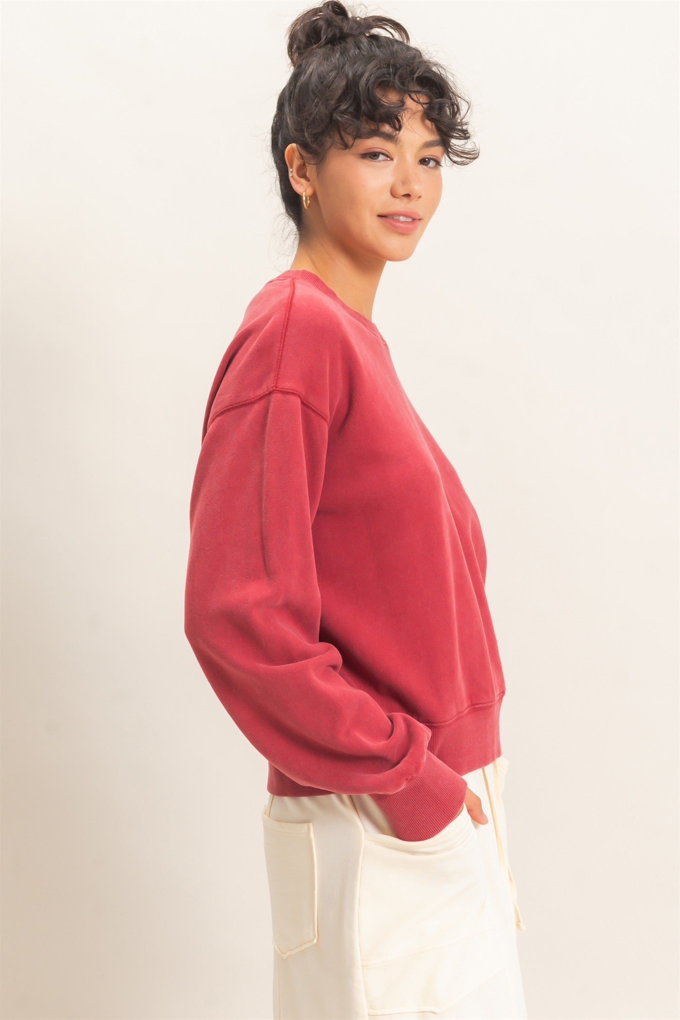 Wholesale Acid Wash Crew Neck Sweatshirt Sweatshirts DZ26E082 DARK RED DOUBLE ZERO