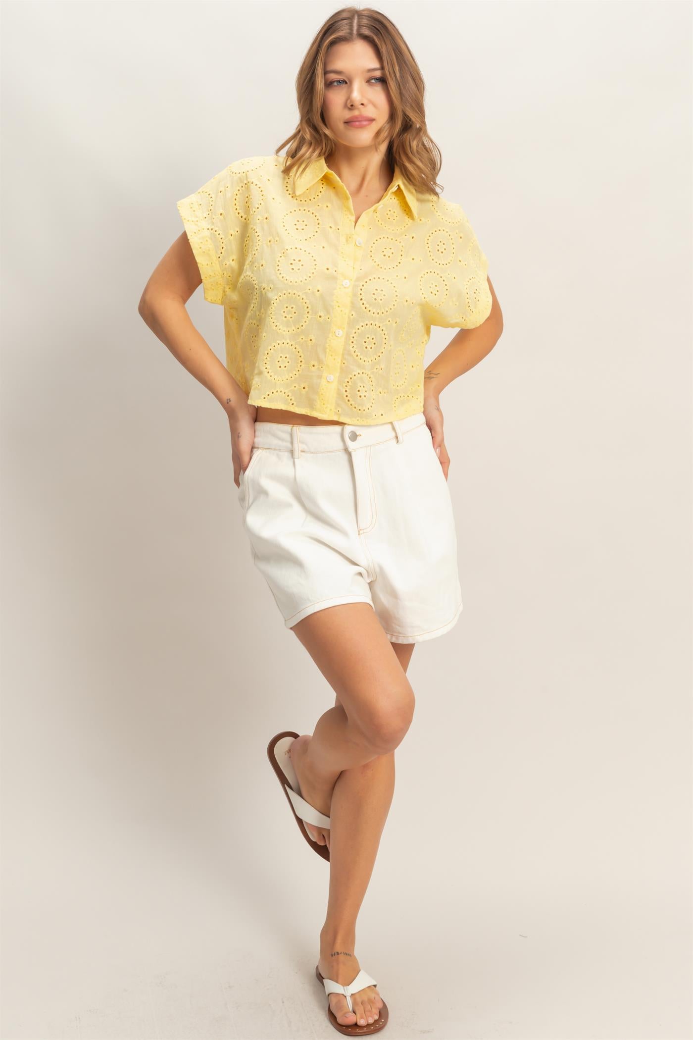 Wholesale Eyelet Cropped Button-Up Shirt Clothing Tops HF26C297 YELLOW HYFVE