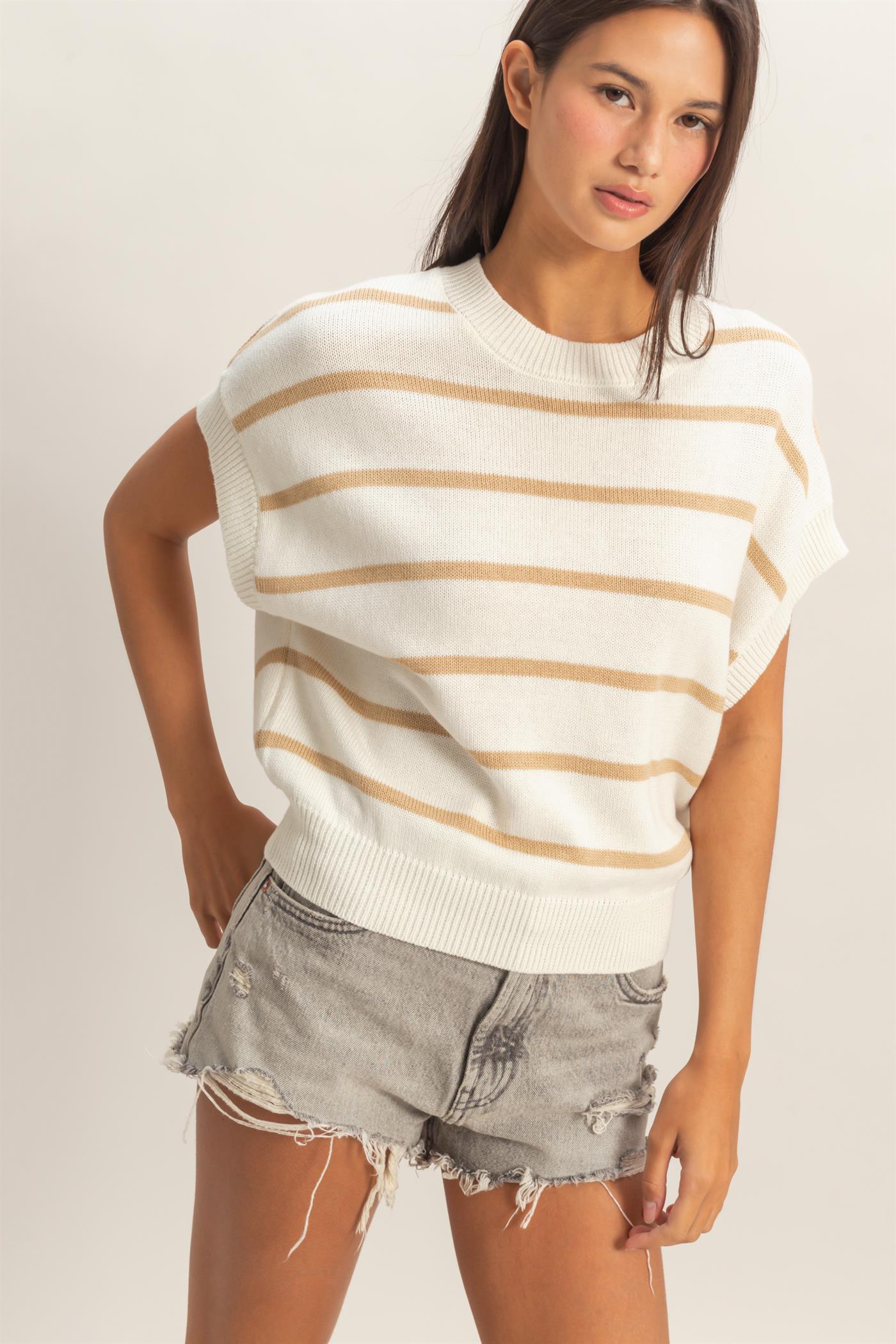 Wholesale Striped Crew Neck Knit Top Clothing Tops DZ26A740 TAUPE DOUBLE ZERO