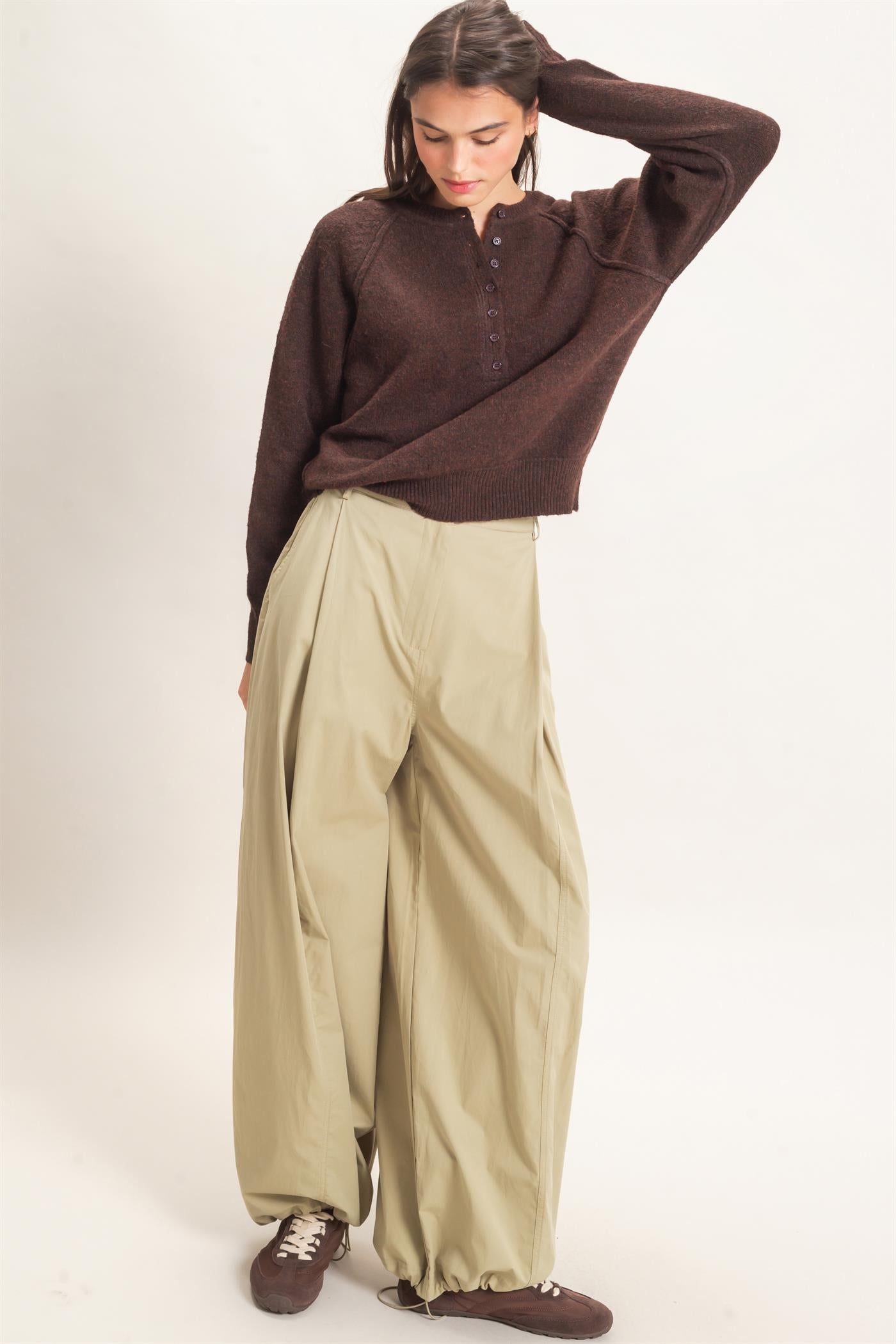 Wholesale Button Front Raglan Sweater Sweaters HF26E152 BROWN HYFVE