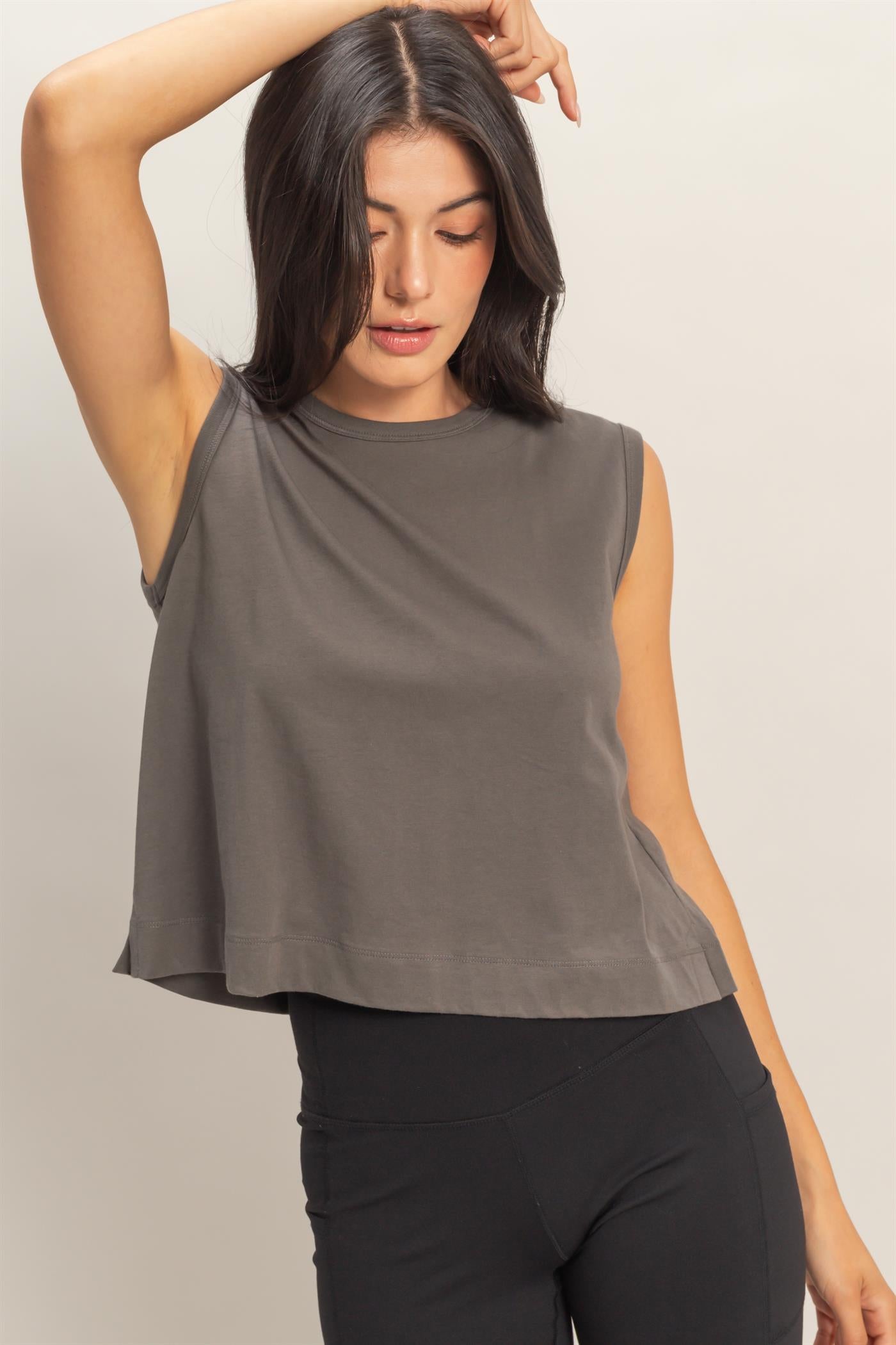 Wholesale Sleeveless Crew Neck Top With Back Pleats Clothing Tops DZ26A999 CHARCOAL DOUBLE ZERO