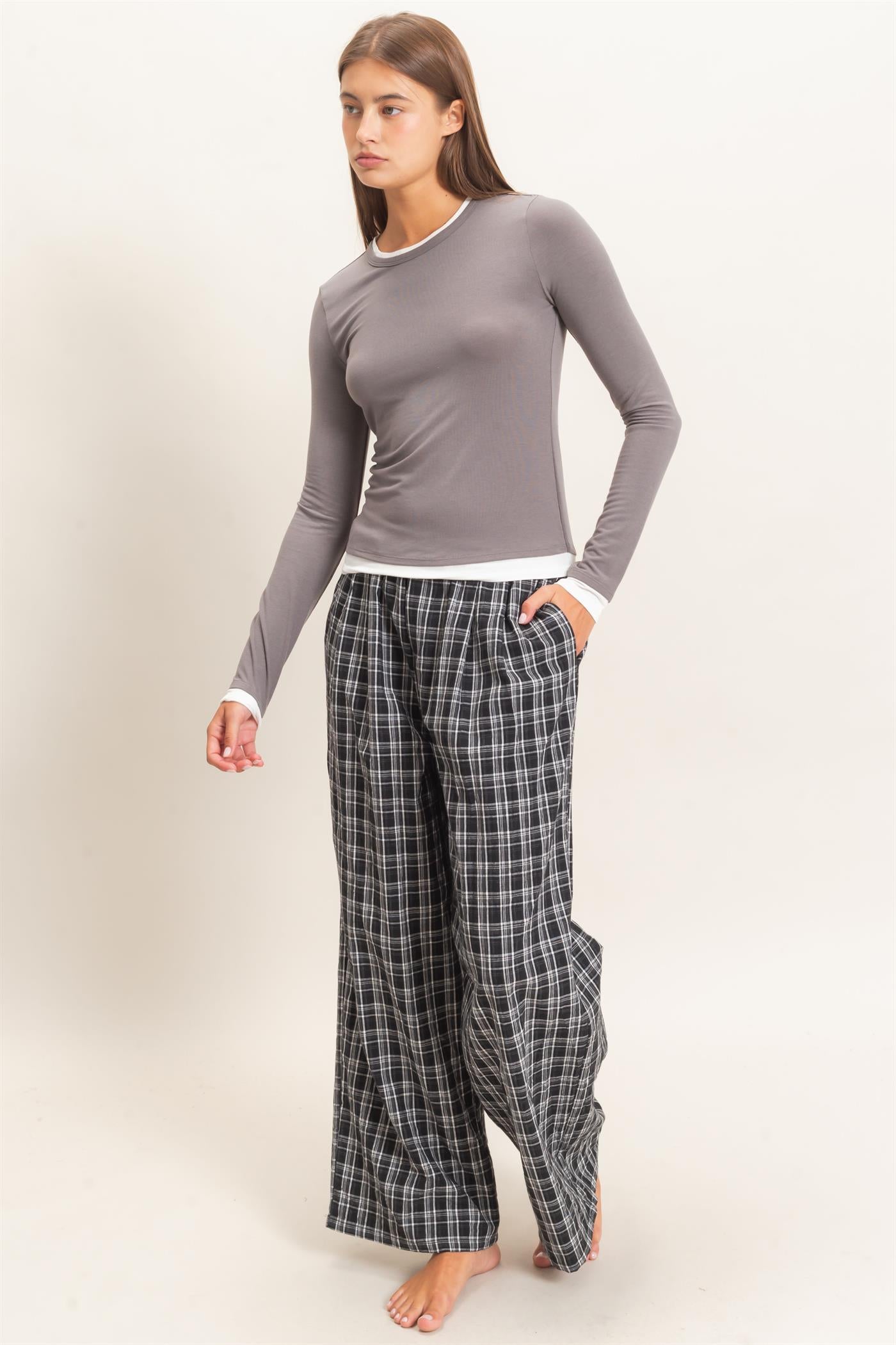 Wholesale Layered Effect Long Sleeve Top Clothing Tops DZ26F341 CHARCOAL DOUBLE ZERO