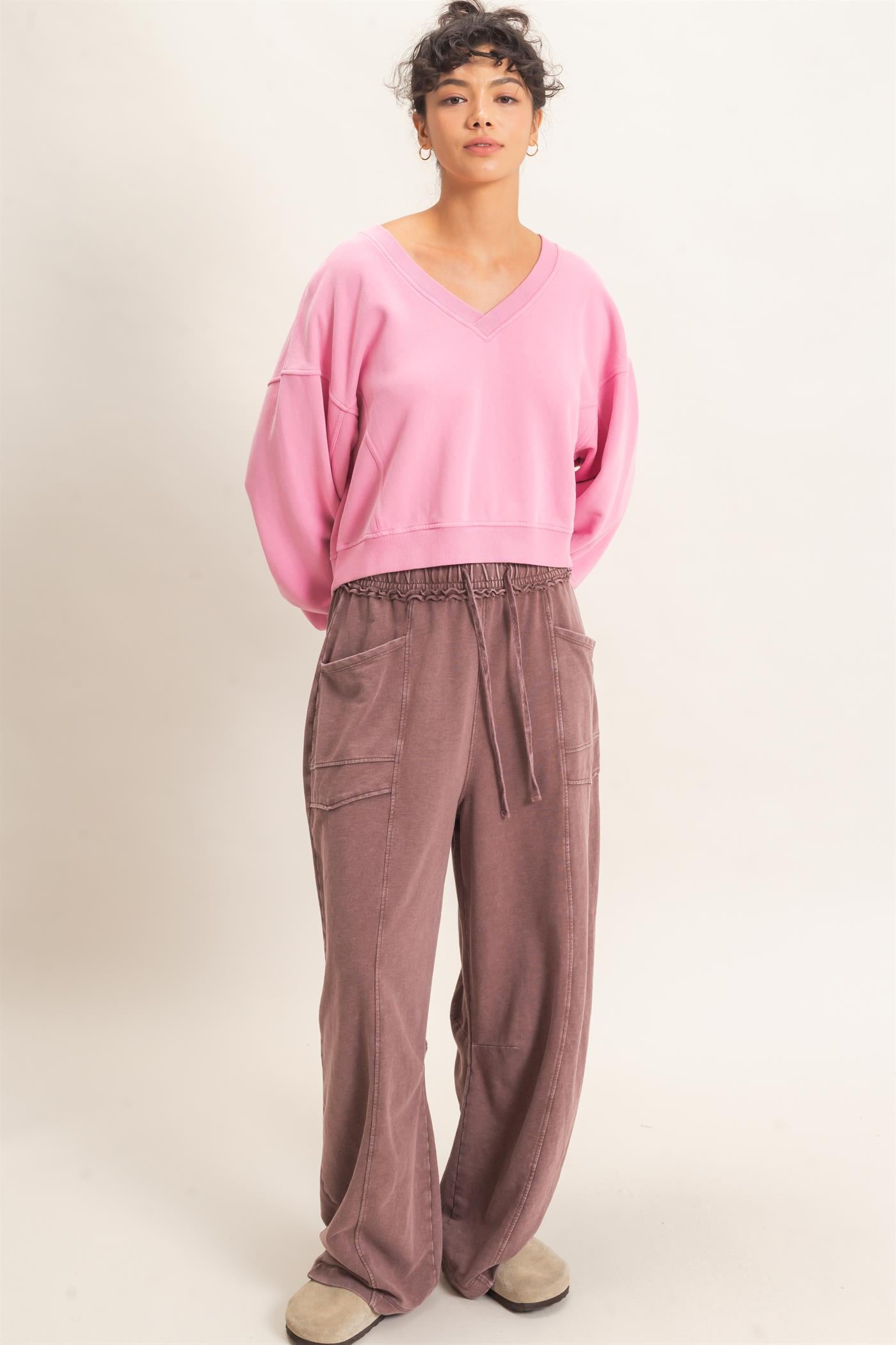 Wholesale Snow Wash V-Neck Sweatshirt Sweatshirts DZ26C844 PINK DOUBLE ZERO
