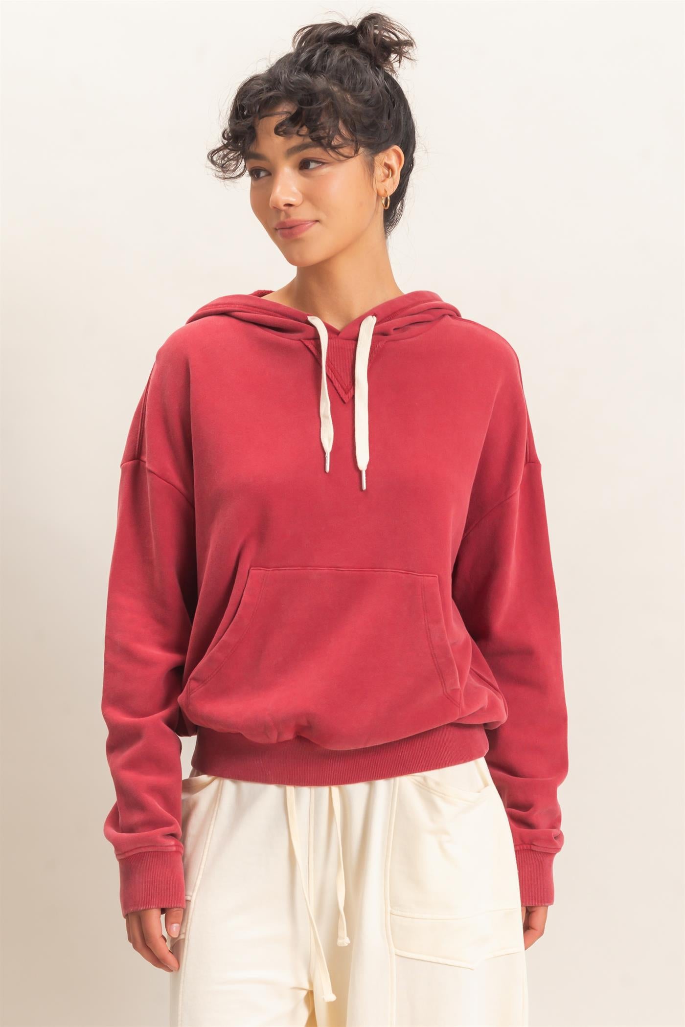 Wholesale Acid Wash Hoodie Clothing Tops DZ26E112 DARK RED DOUBLE ZERO