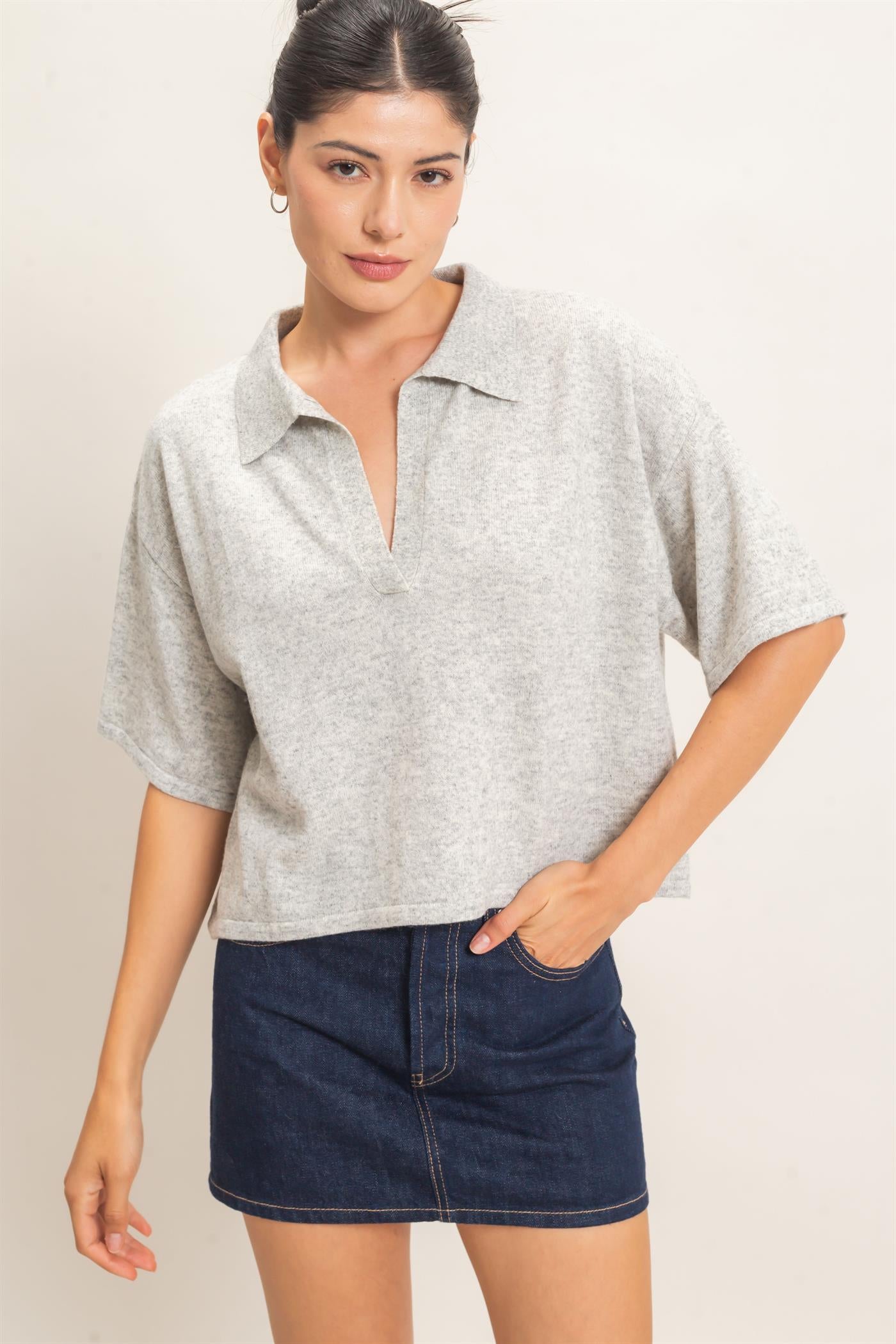 Wholesale Collared V-Neck Sweater Sweaters HF26E038 HEATHER GRAY HYFVE