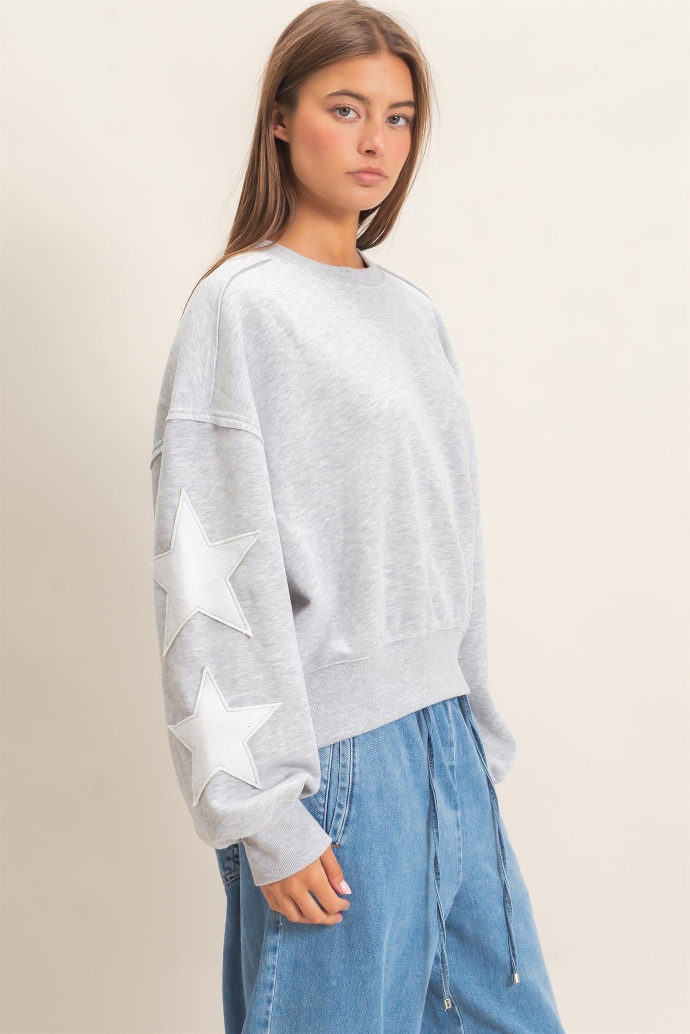 Wholesale Star Patch Sleeve Sweatshirt Sweatshirts DZ26E888 HEATHER GRAY DOUBLE ZERO