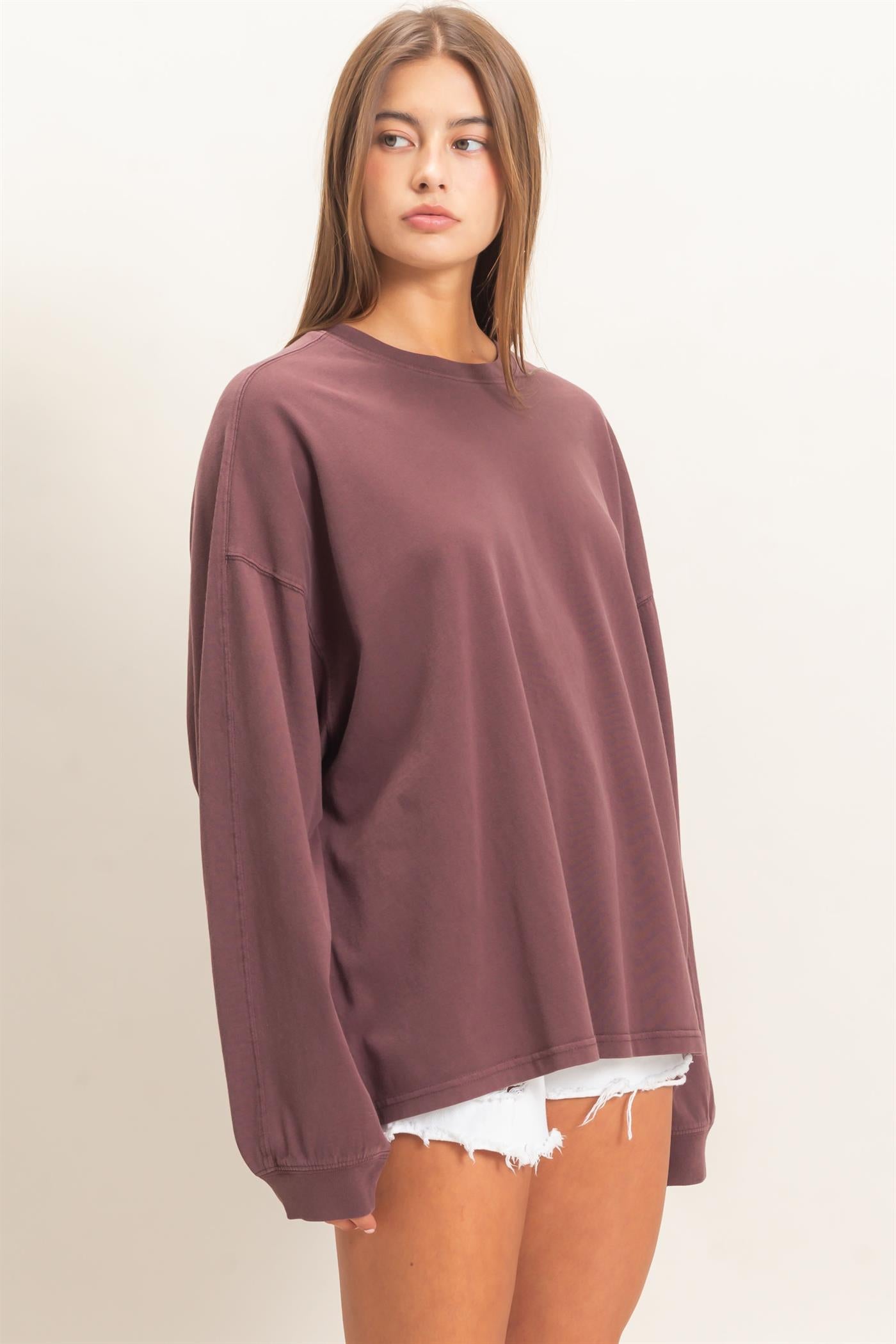 Wholesale Pigment Dye Oversized Long Sleeve Top Clothing Tops DZ26A825 COCOA DOUBLE ZERO